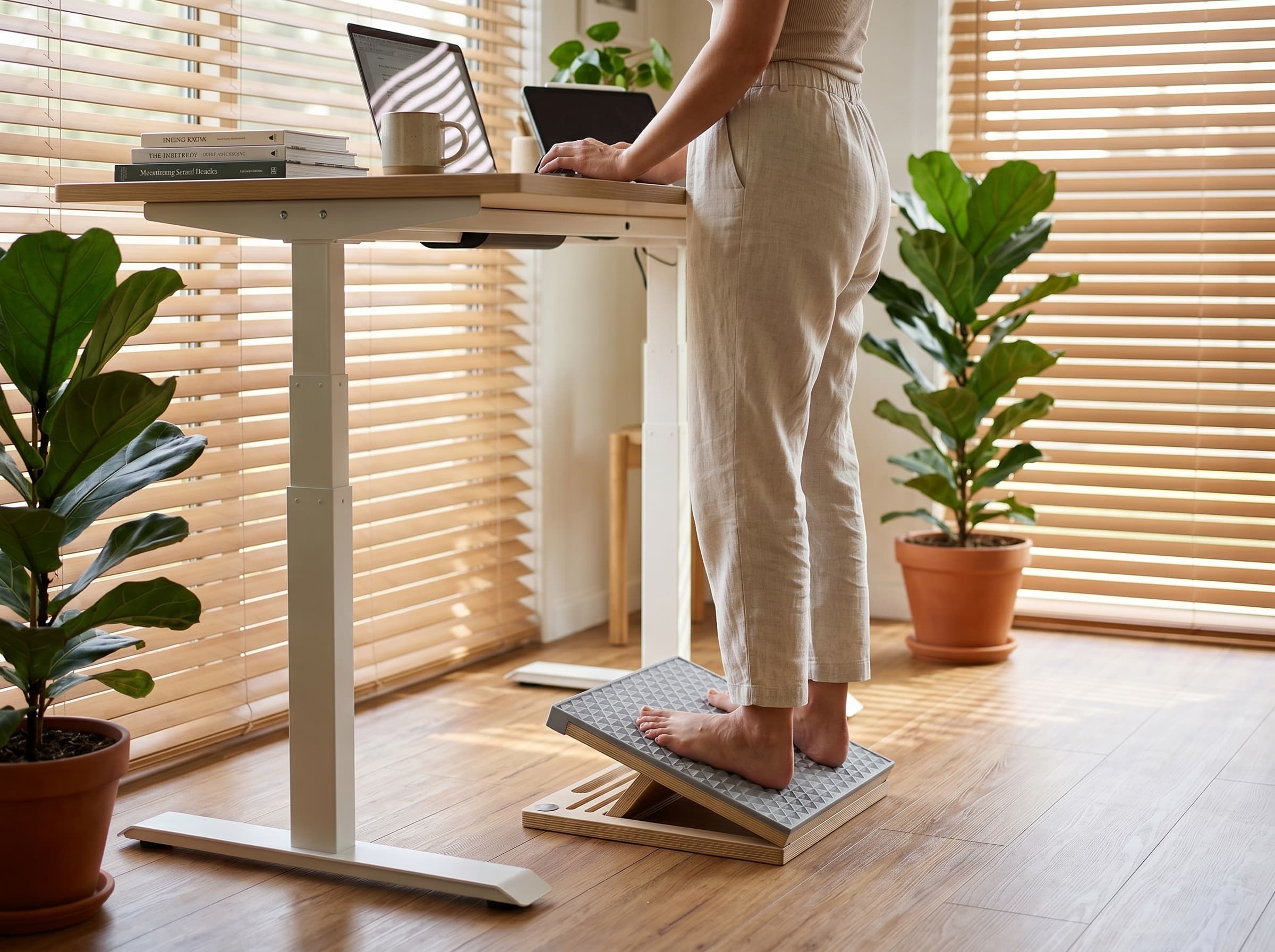 Barefoot woman standing on a liquid silicone wooden slant board angled at 20 degrees, performing passive Achilles tendonitis stretching while working at a modern height-adjustable standing desk.