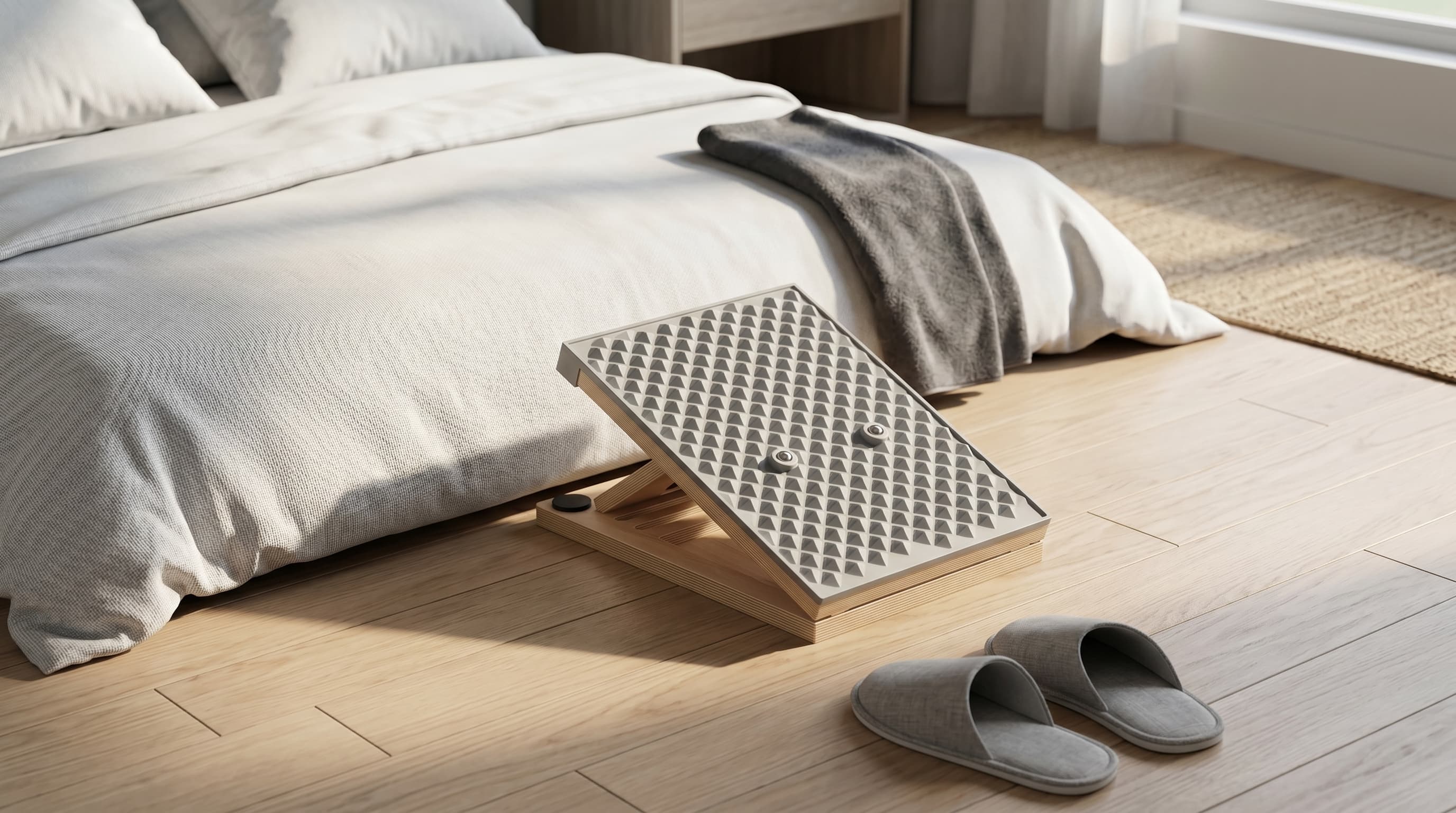 Liquid silicone wooden slant board placed beside a bed for morning heel pain and plantar fasciitis stretching. A bedside slant board can make morning calf stretching easier before your first steps of the day.