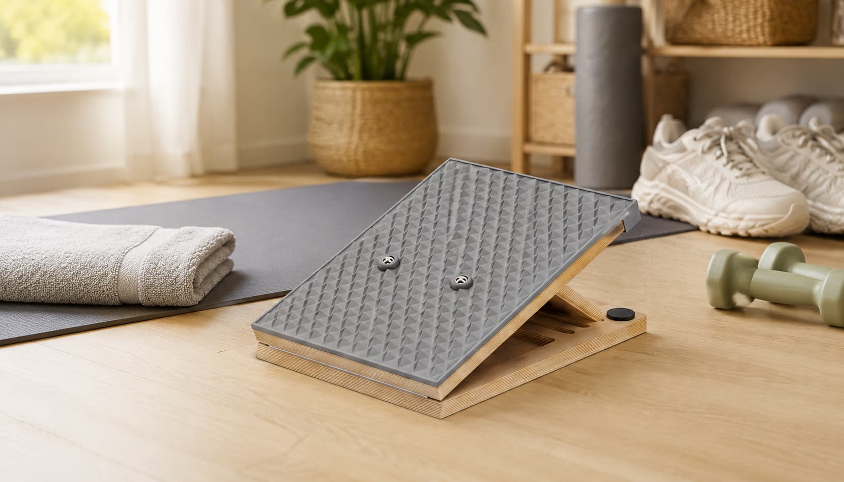 Wooden slant board with liquid silicone surface for Achilles tendon and calf stretching at home