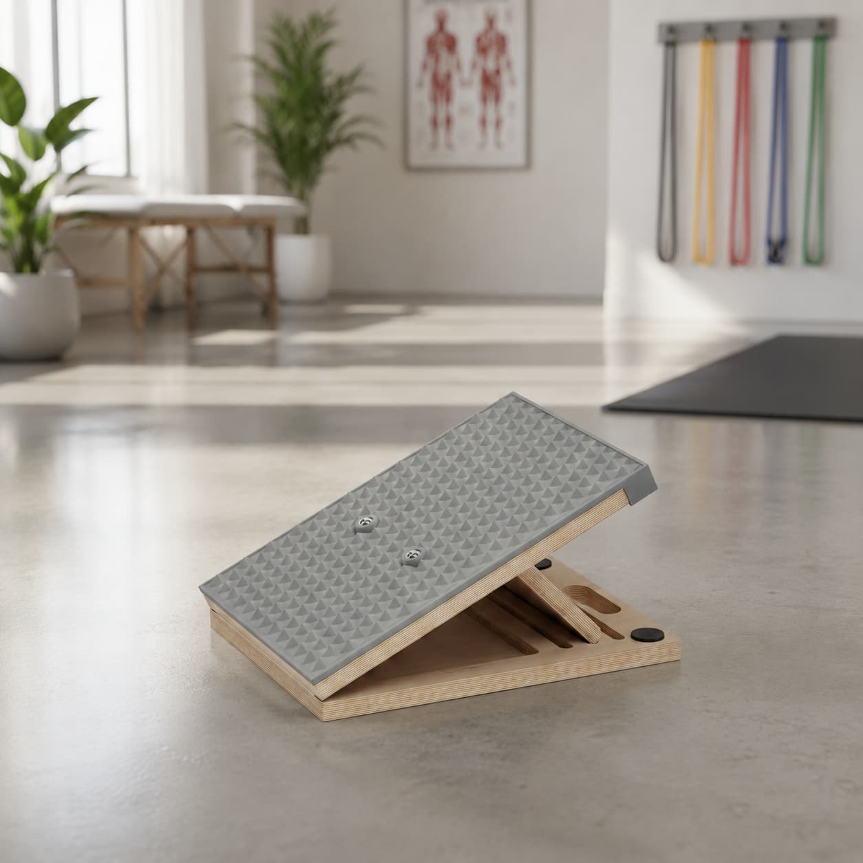 Frylr professional-grade wooden slant board with grey silicone surface on a modern physical therapy studio floor, explaining heel-elevation for VMO squats.