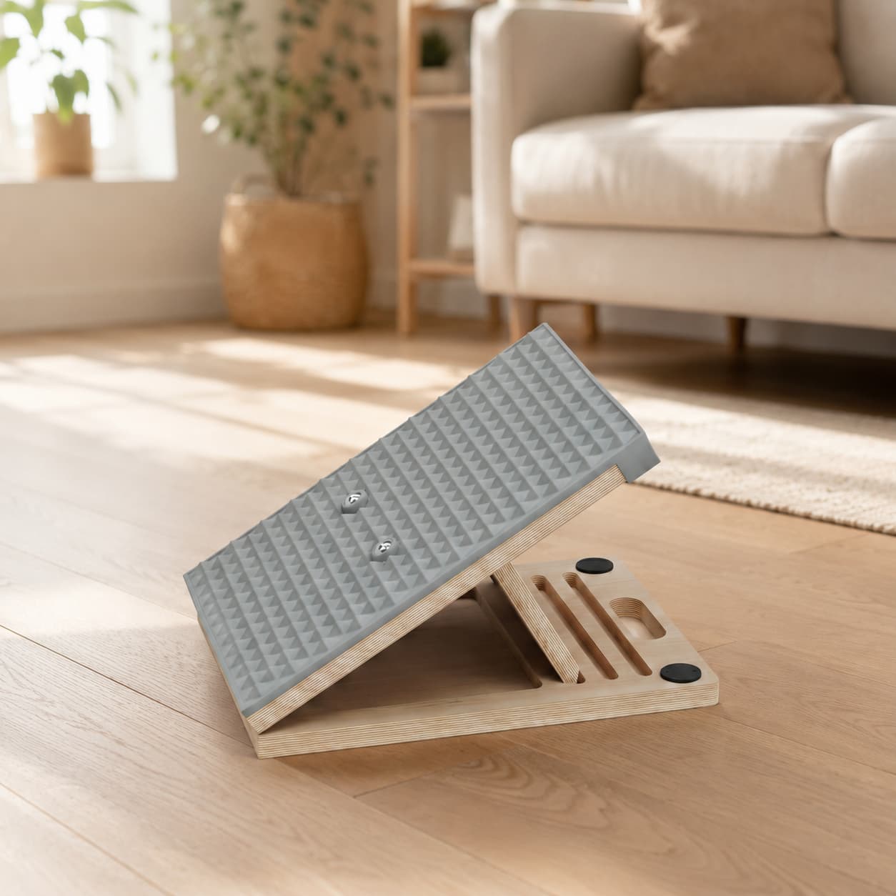 Frylr wooden slant board set up in a living room, perfect for a 60-second daily calf stretching routine.