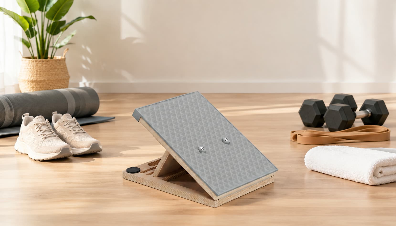 Wooden slant board with liquid silicone surface for beginner calf, ankle, and squat mobility exercises