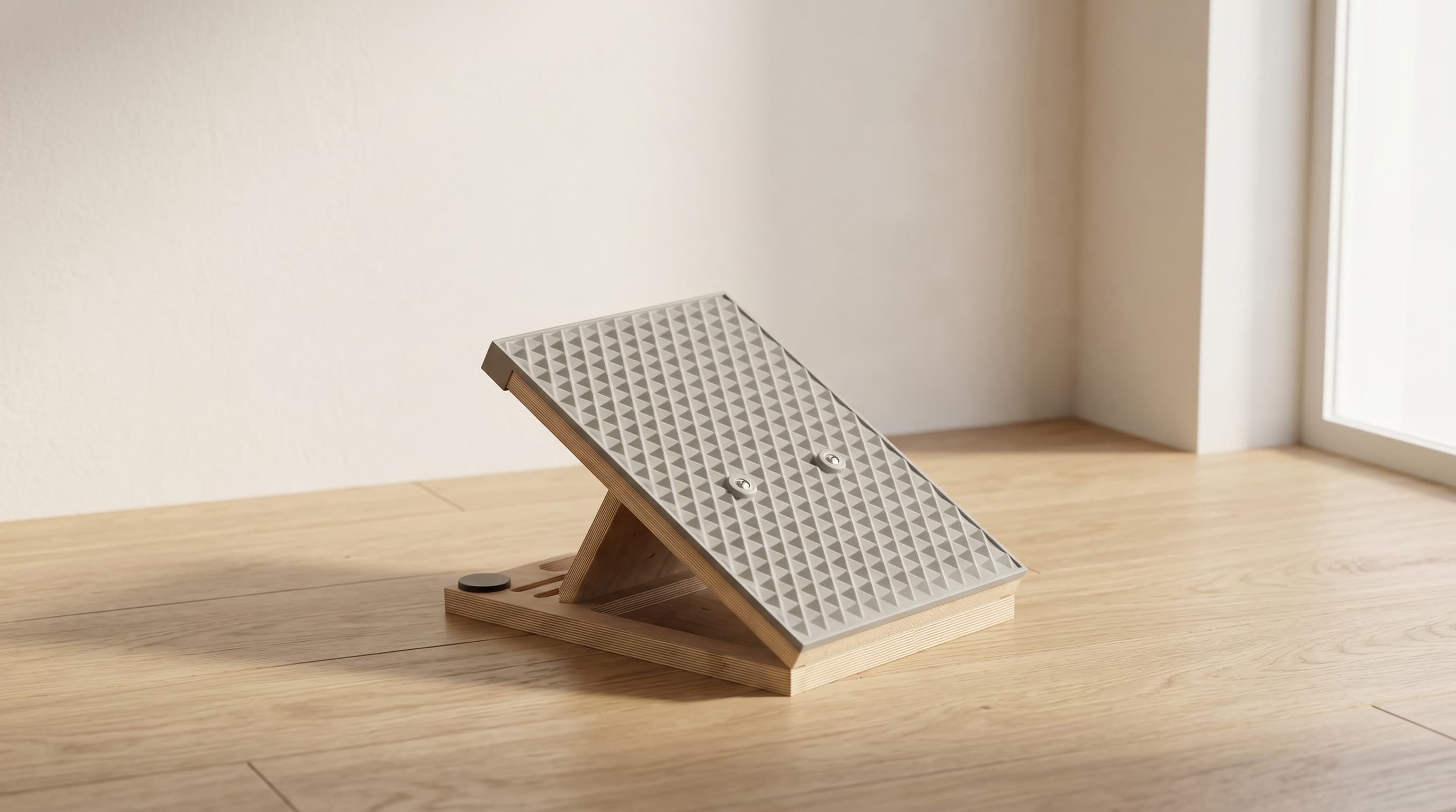 Liquid silicone slant board for home physical therapy, calf stretching, and plantar fasciitis relief in a bright indoor setting.