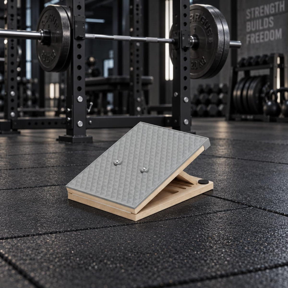 Frylr heavy-duty wooden slant board on a gym floor, positioned for heel-elevated deep squats to improve ankle mobility.