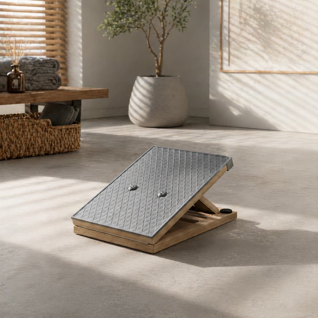 Wooden slant board with liquid silicone surface in a modern recovery room for post-workout calf stretching and muscle recovery