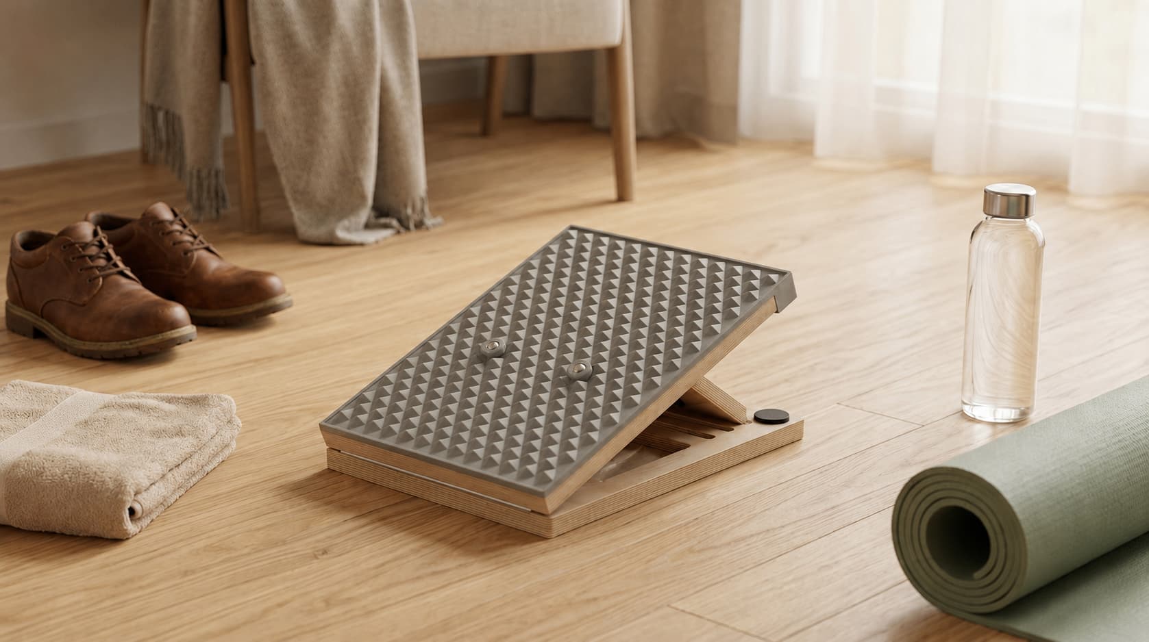 Wooden slant board with liquid silicone surface for calf stretching after standing all day