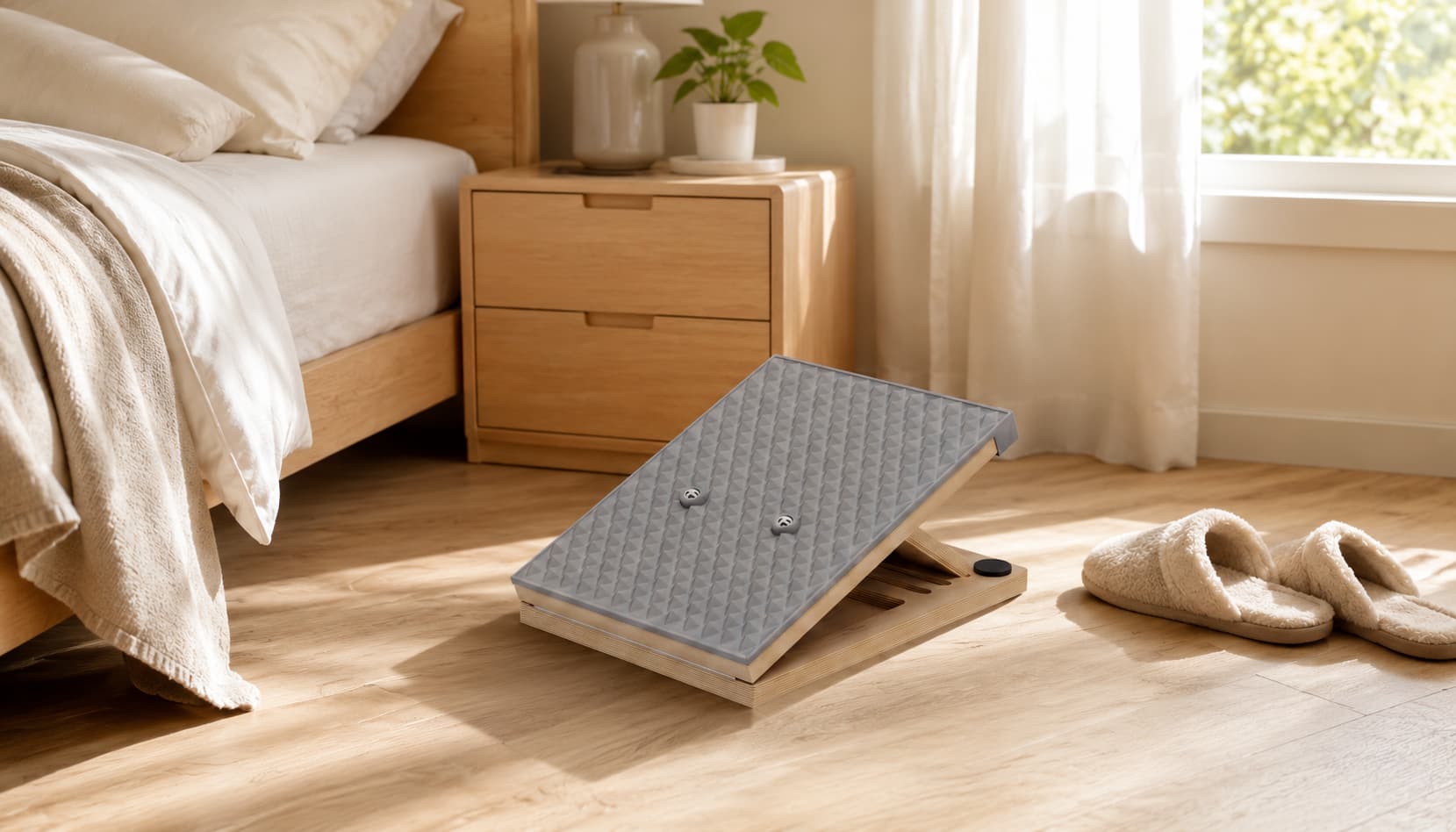 Wooden slant board with liquid silicone surface placed beside a bed for morning heel pain stretching
