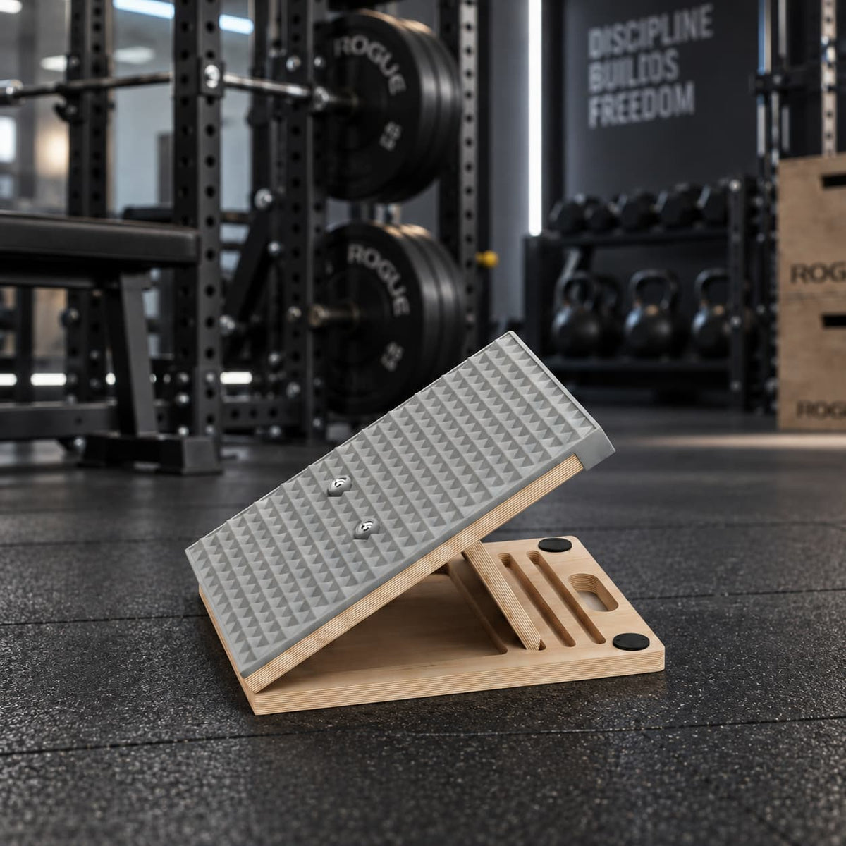 Frylr wooden slant board set up on a black rubber gym floor, ready for heavy Knees Over Toes VMO squats to increase vertical jump.