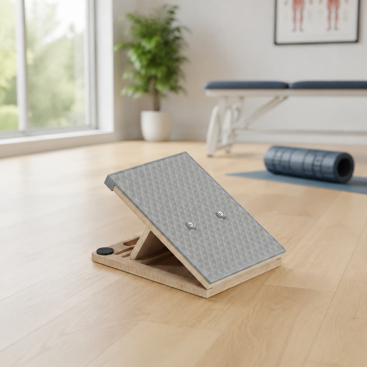 Side view of Frylr wooden slant board in a physical therapy room, showing the angle used to stretch tight calves and relieve shin splints.