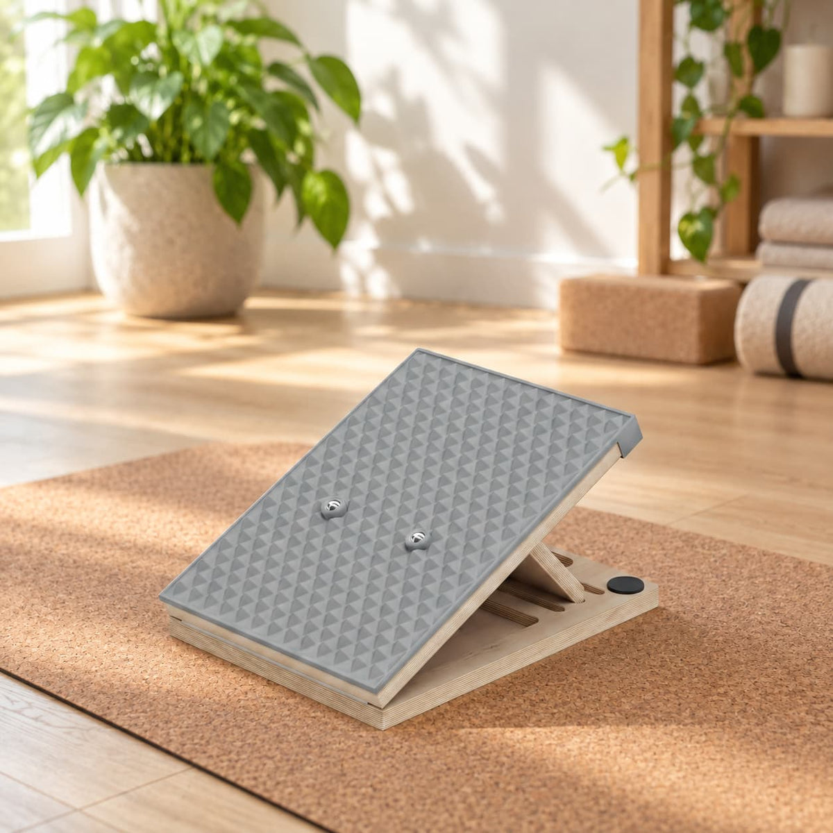 Frylr wooden slant board set up on a yoga mat in a home gym, ready for active barefoot foot core training and flat feet correction.