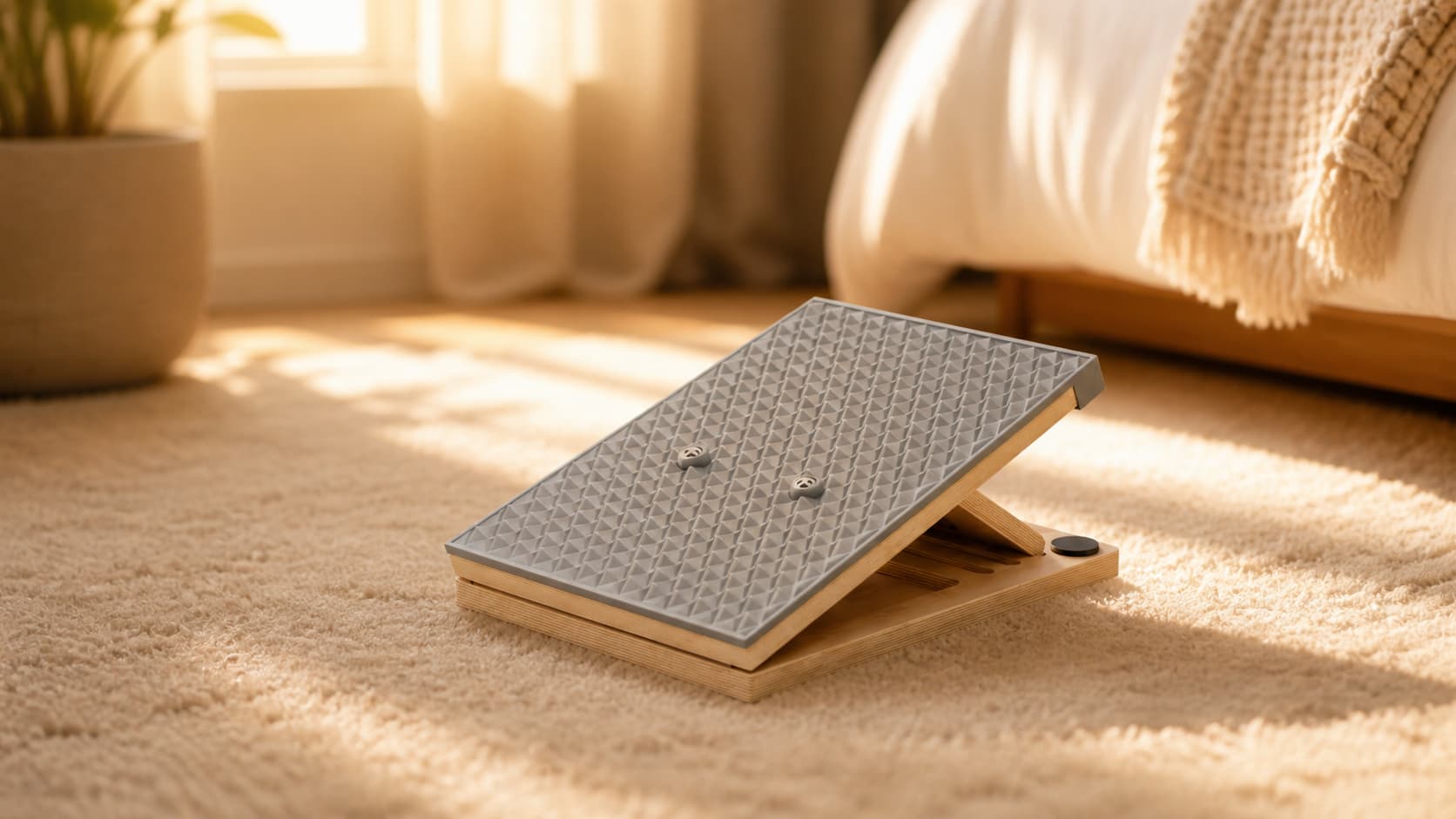 Frylr liquid silicone wooden slant board placed on a soft bedroom rug in morning sunlight, designed for comfortable barefoot calf stretching and plantar fasciitis relief.