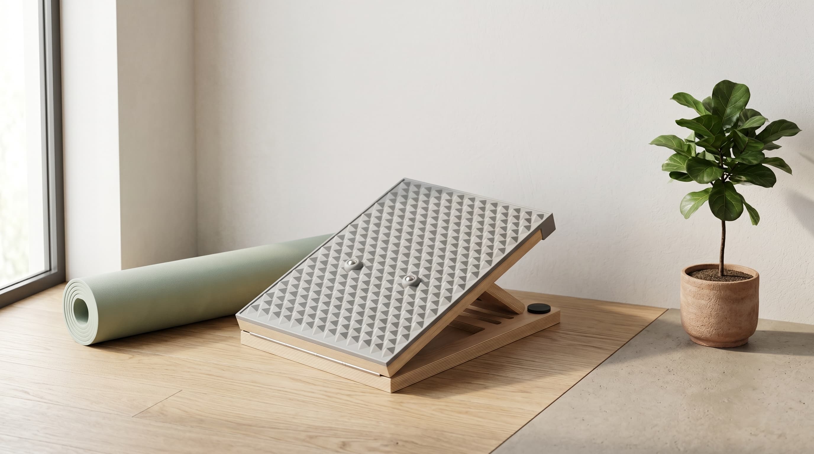 Adjustable wooden slant board with gray silicone surface for calf stretching and ankle mobility
