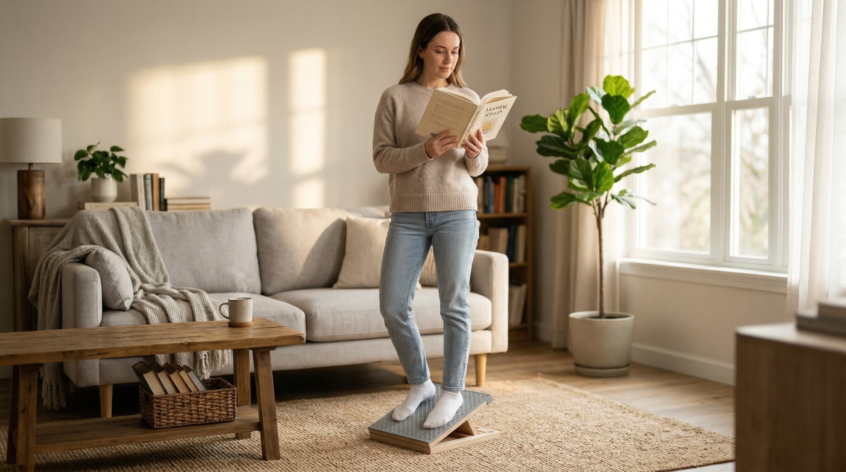 A woman incorporating passive calf stretching into her morning routine by standing on a Frylr slant board while reading a book in a cozy, bright living room.