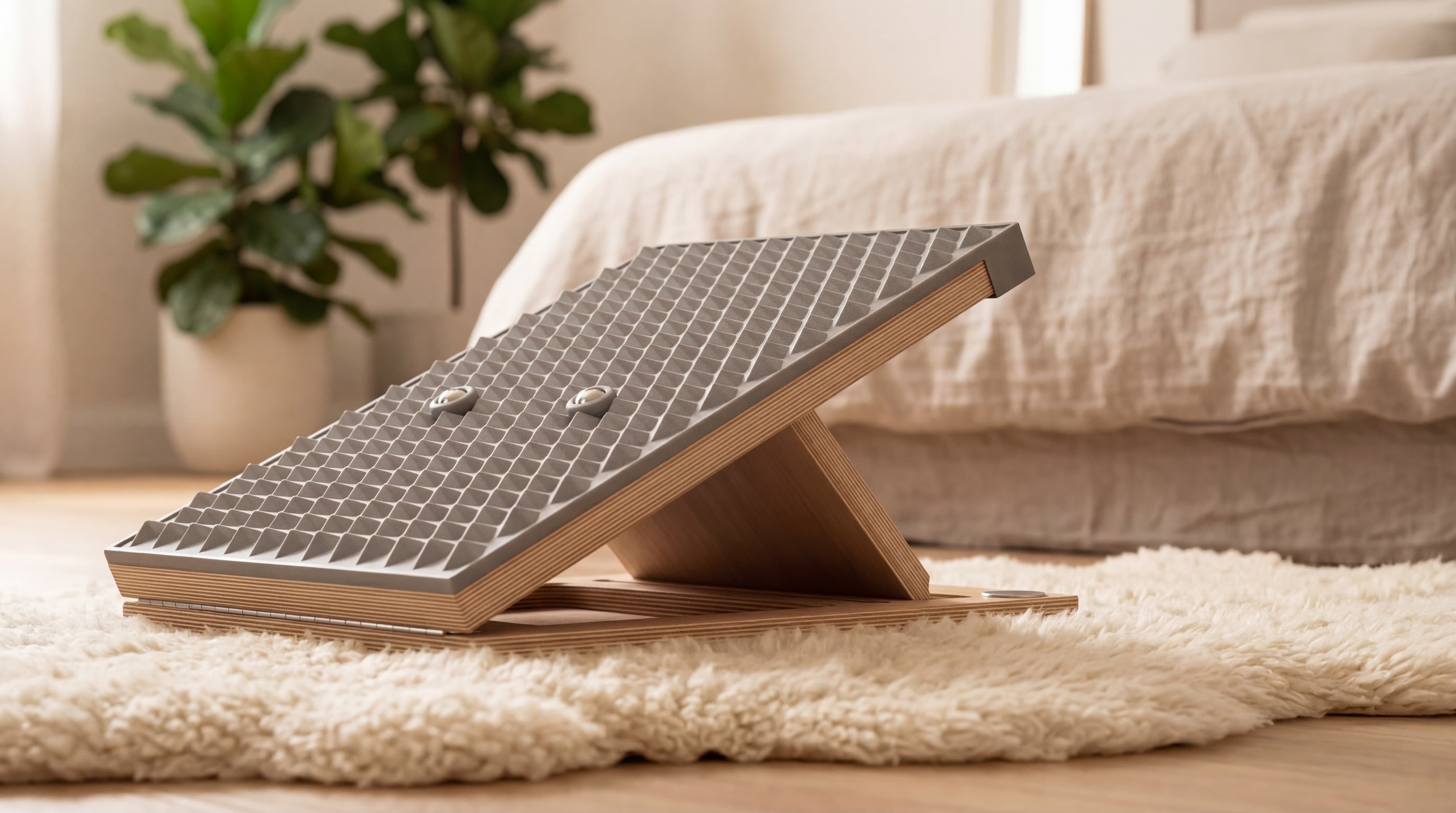 Minimalist wooden calf stretcher with a pyramid-textured surface resting on a white shag rug by a bed. Aesthetic home wellness furniture designed for daily stretching and foot massage.