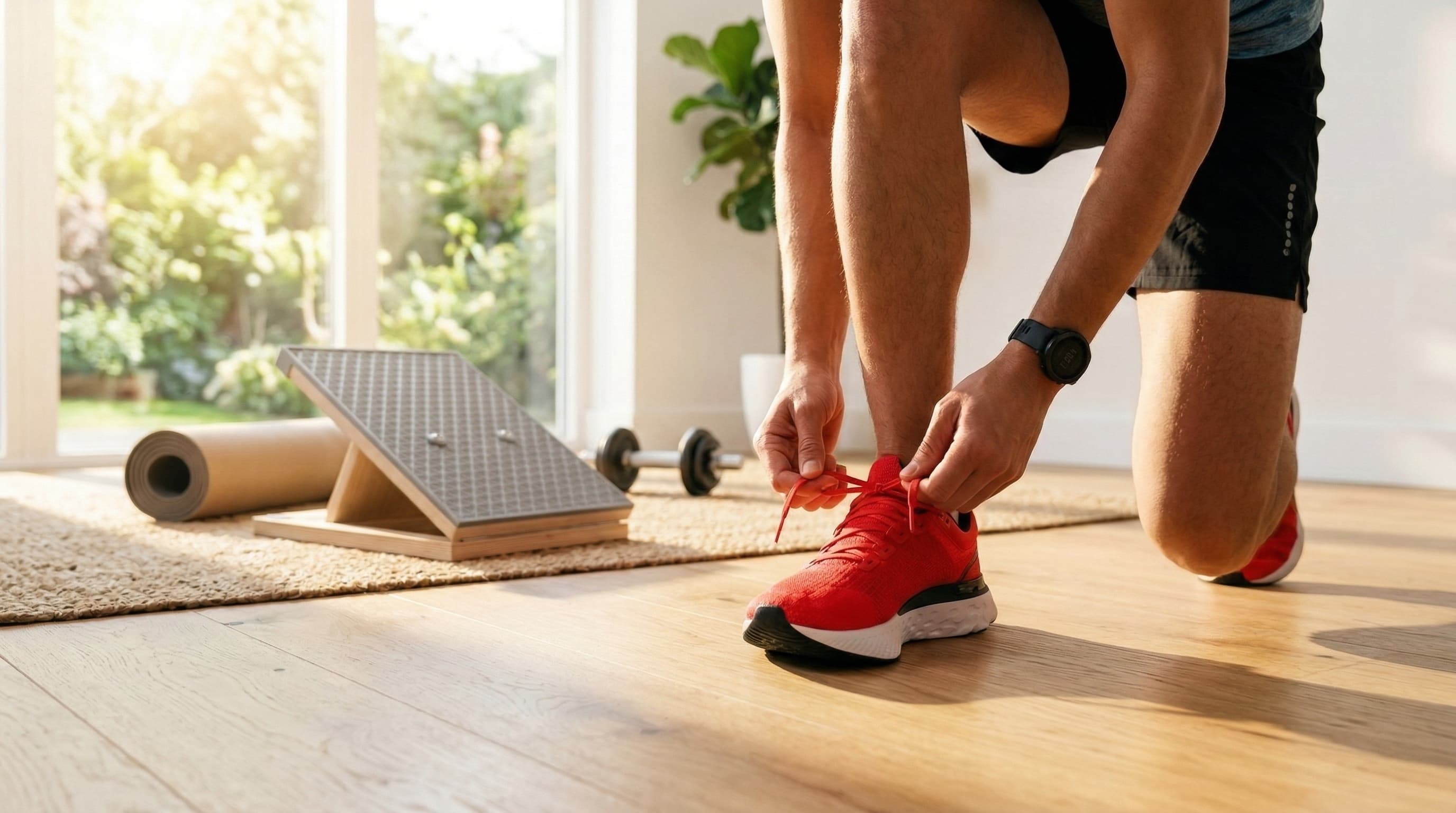 Runner tying red shoes after recovering from plantar fasciitis, with the Frylr liquid silicone calf stretcher in the background.