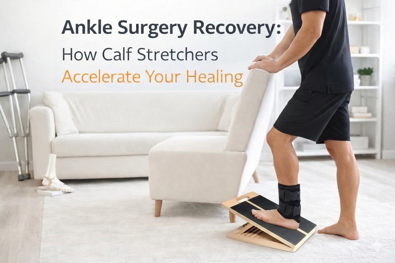 A person wearing an ankle brace using a Frylr wooden slant board for calf stretching during ankle surgery recovery in a bright home living room.