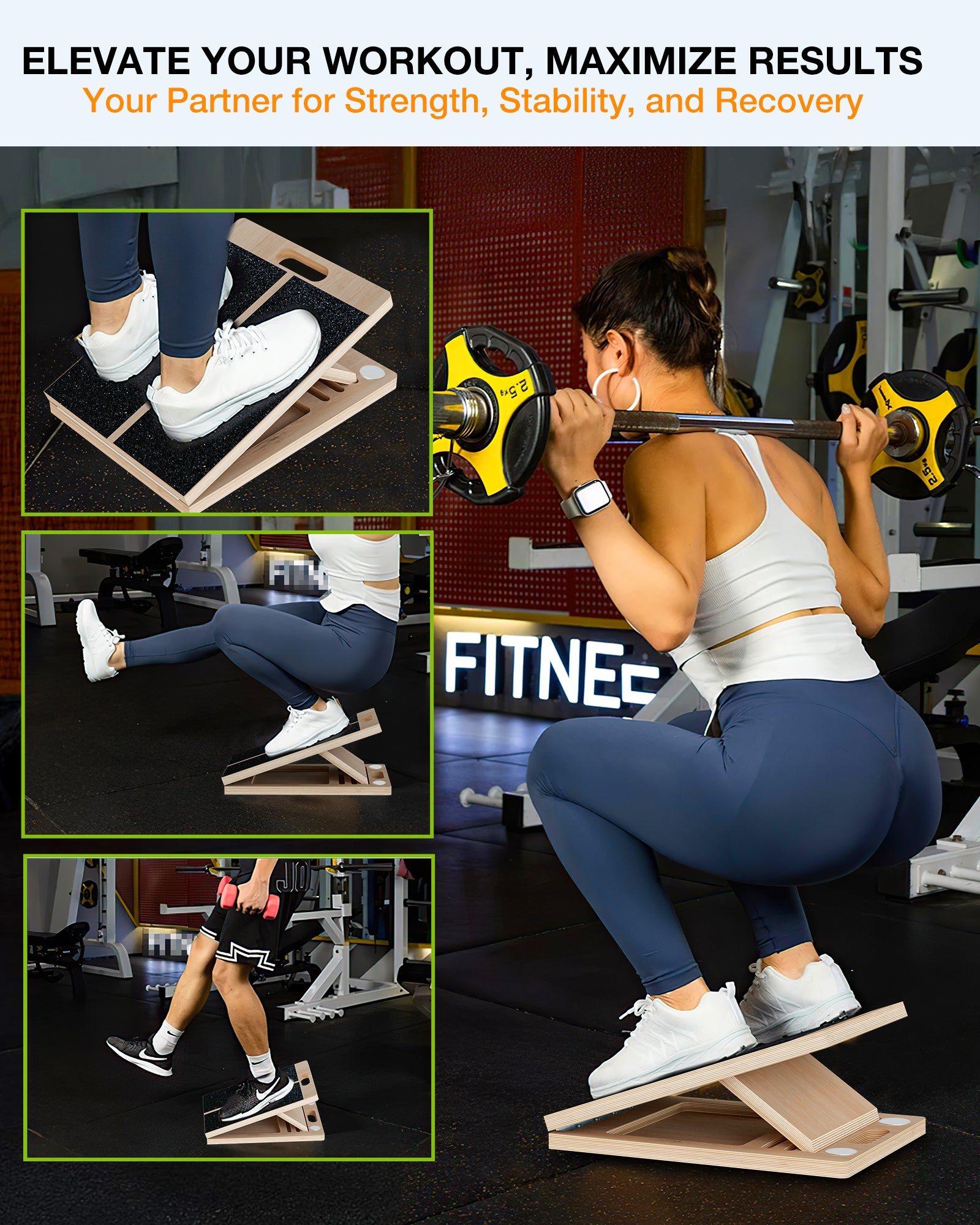 Heavy duty wooden slant board for weighted squats and knees over toes strength training