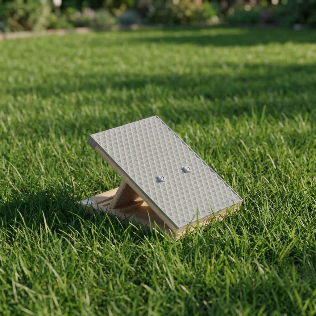 Frylr ultimate wooden slant board with premium liquid silicone massage surface, adjustable calf stretcher for plantar fasciitis relief and ankle mobility, pictured on natural grass.