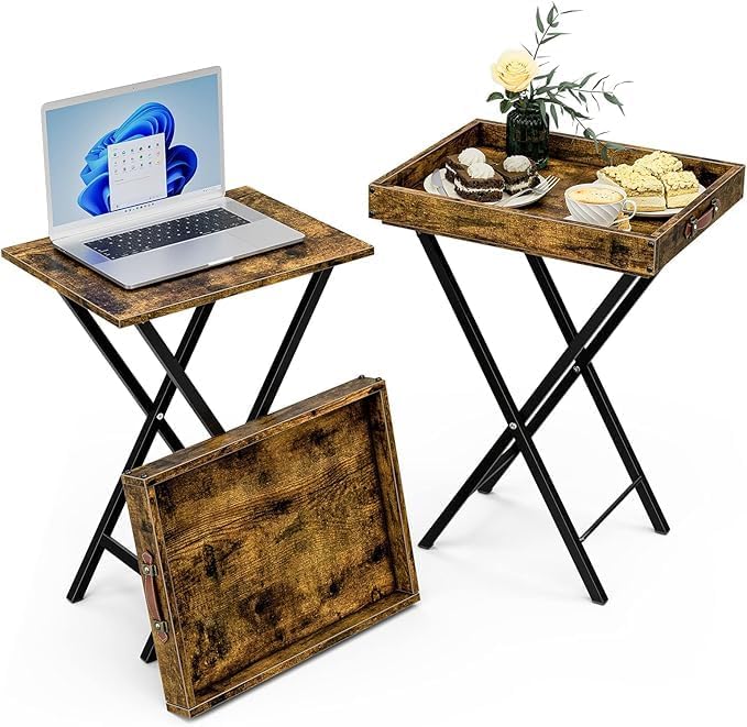Set of 2 Rustic Brown folding TV tray tables with black metal X-frame, featuring a removable serving tray with handles and a portable laptop desk for sofa side use.