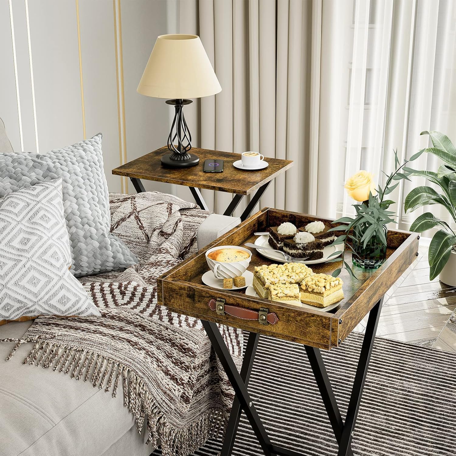 Rustic Brown folding TV tray table set with black metal legs, styled in a living room as a snack table and side table with a lamp, coffee, and cake.