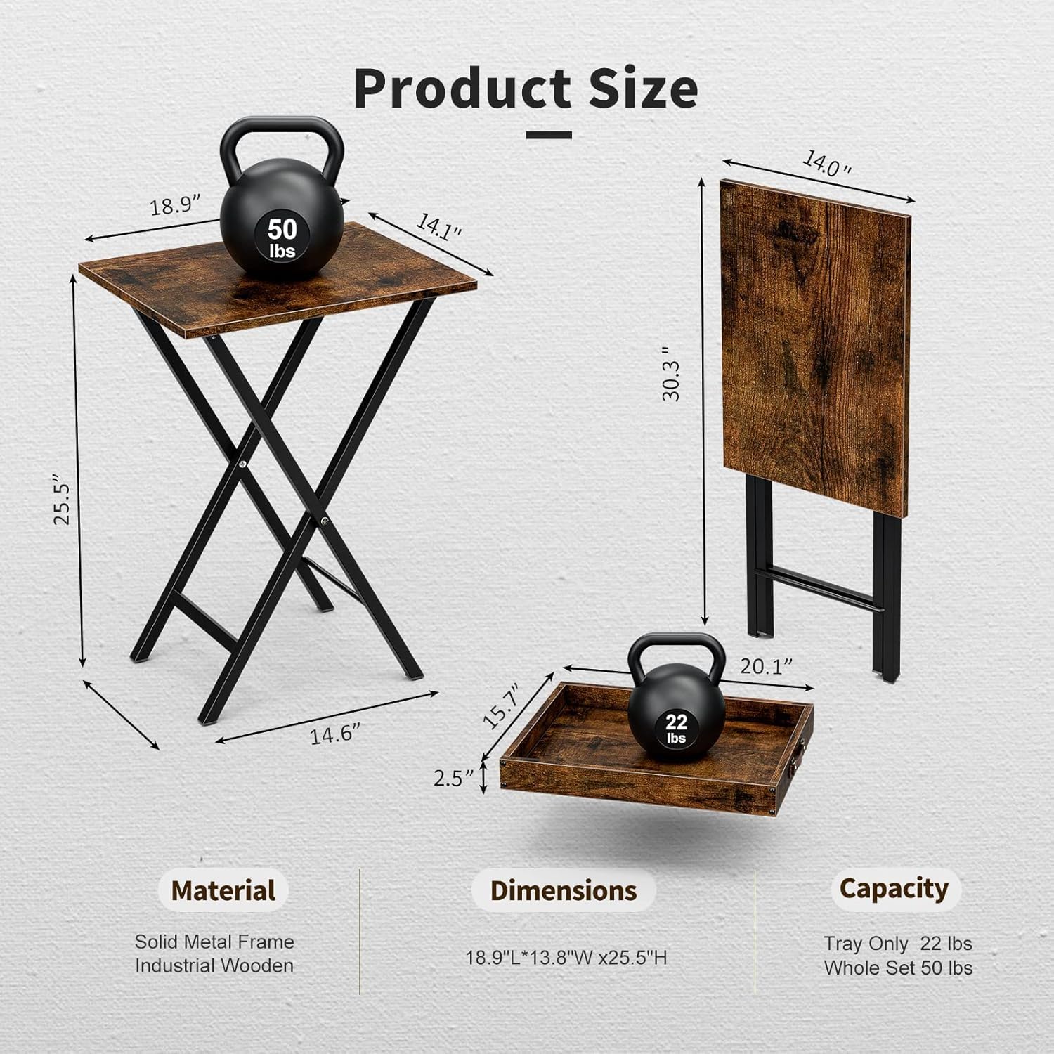 Product size diagram for the Rustic Brown folding TV tray table, showing 18.9"L x 13.8"W x 25.5"H dimensions, a 50 lbs weight capacity, and a slim foldable design for easy storage.