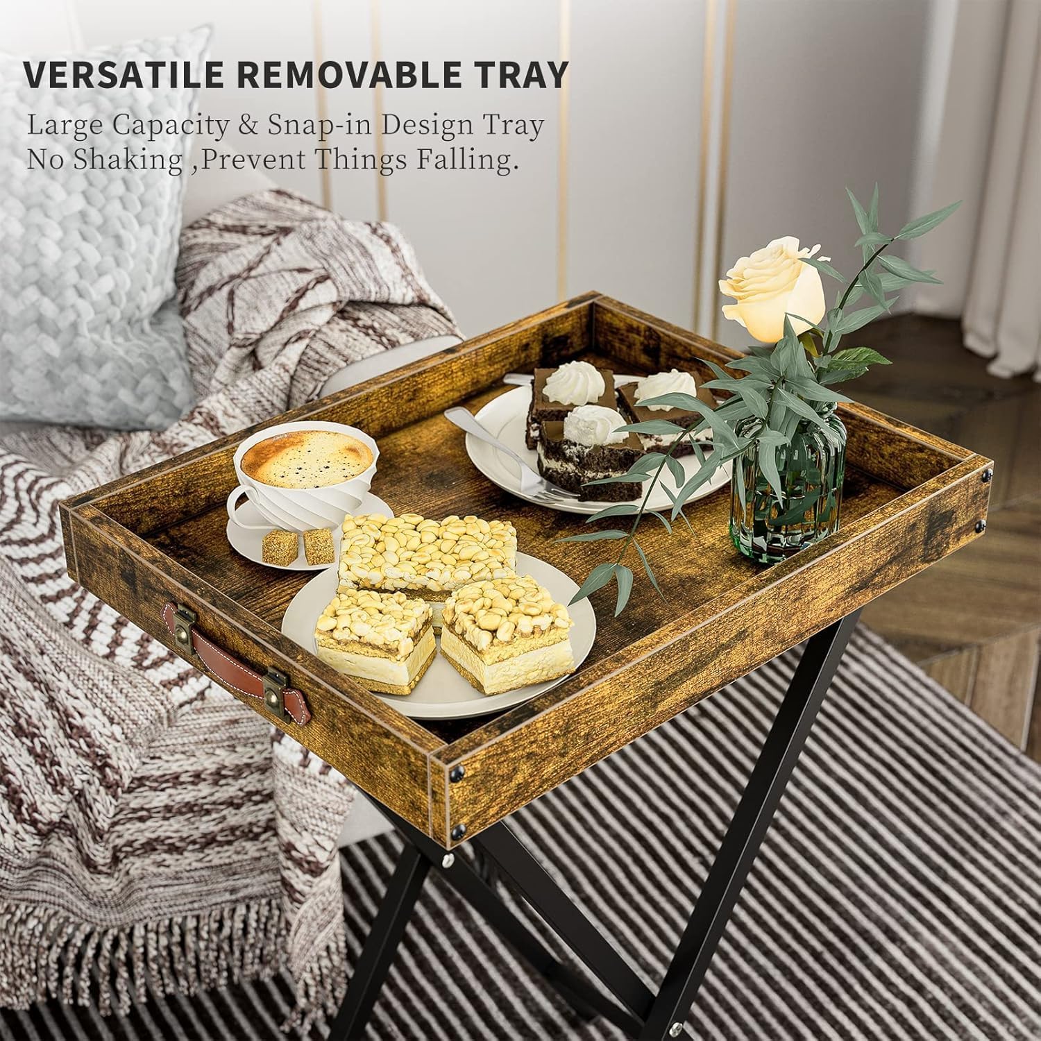 Rustic Brown folding TV tray with a versatile removable tray featuring a snap-in design to prevent shaking, styled with coffee and desserts in a living room.