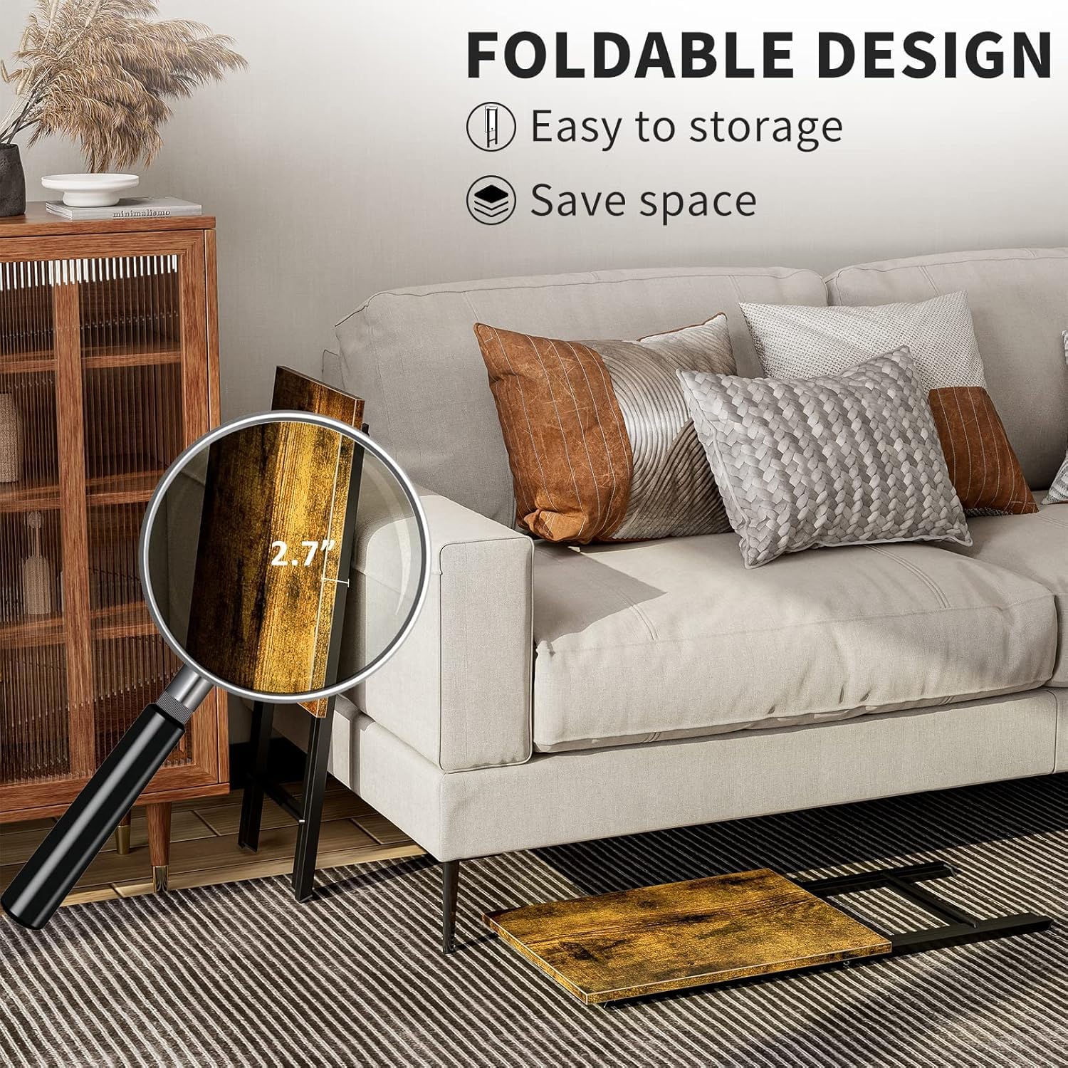 Rustic Brown folding TV tray table in a slim 2.7-inch foldable design, showing the table stored behind a cabinet and tucked under a sofa to demonstrate its space-saving storage capabilities.