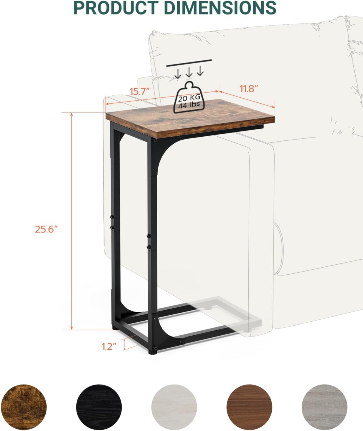 C-Shaped Side Table for Couch - Small Coffee Stand Sofa Tray Desk with Metal Frame and Waterproof Scratch Resistant. Modern End Accent for Living Room. Bedroom. Small Spaces. Rustic Brown