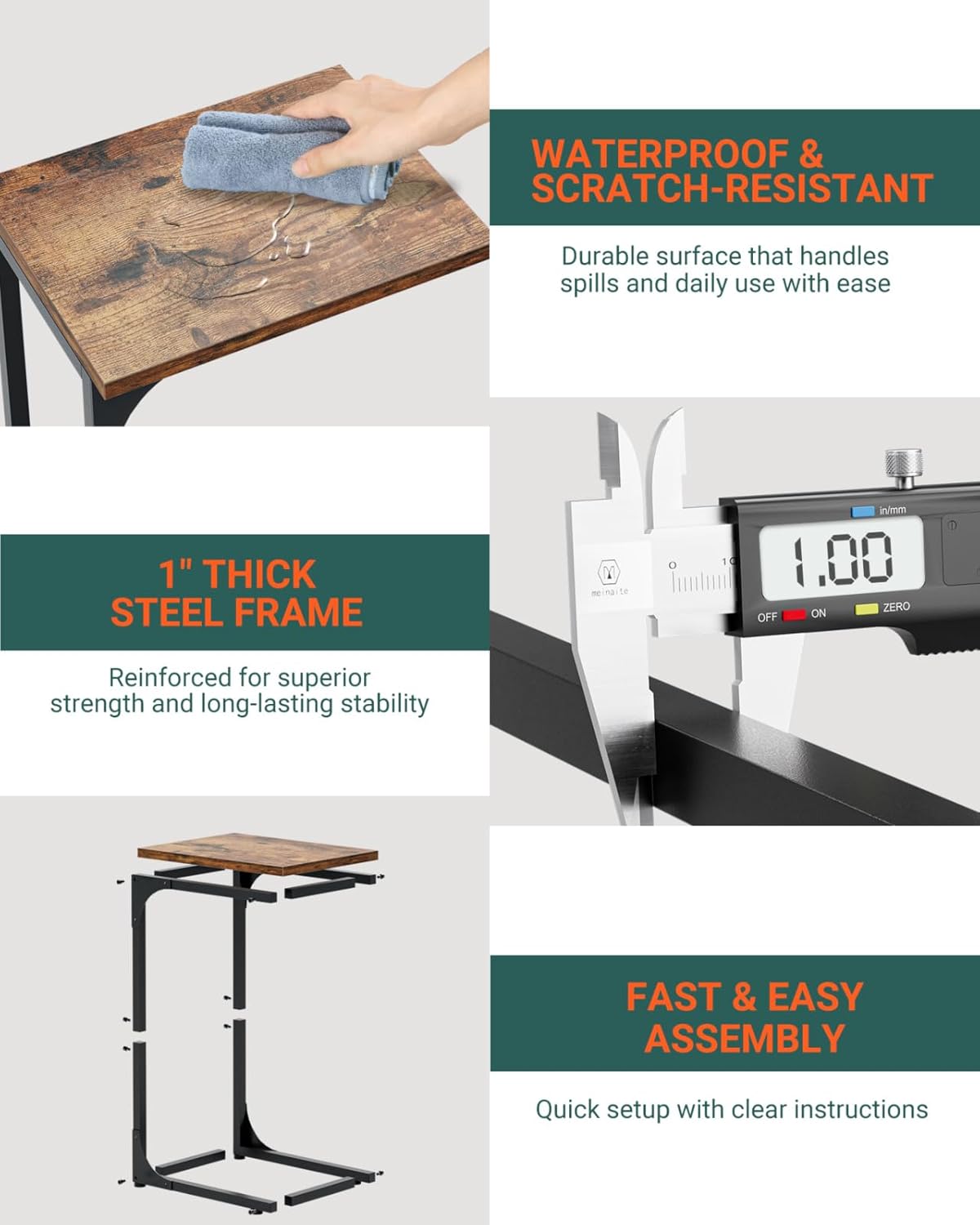 C-Shaped Side Table for Couch - Small Coffee Stand Sofa Tray Desk with Metal Frame and Waterproof Scratch Resistant. Modern End Accent for Living Room. Bedroom. Small Spaces. Rustic Brown