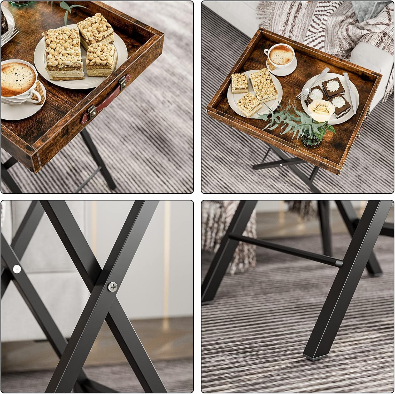 Rustic Brown folding TV tray table details including a close-up of the industrial wooden tray with side handles, a top-down view of snacks and coffee, and a focus on the sturdy black metal X-frame legs with non-slip foot pads.