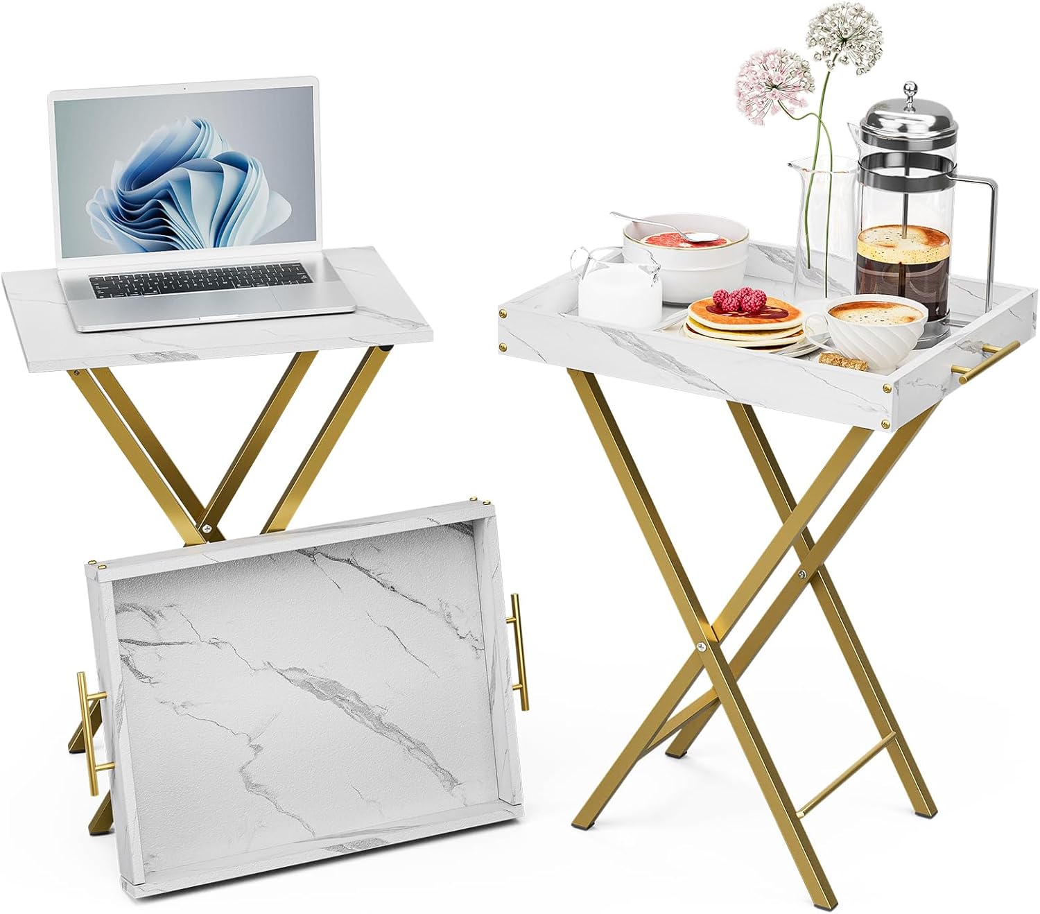 Folding TV Tray Tables. Set of 2 Side Table for Small Place. Snack Eating Tables at Couch. Folding Tables with Removable Serving Tray. Portable End Table Easy Assembly