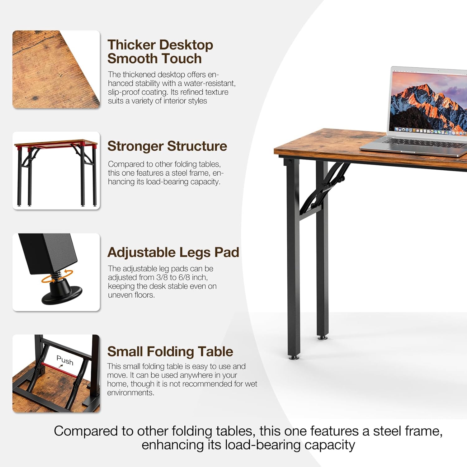 TEMI Small Computer Desk Folding Table - 35.8 Foldable Office Desk. No Assembly. Perfect for Small Spaces in Bedroom. Dorm. or Apartment. Portable Mini Desk or Study Table with Compact Design. Brown