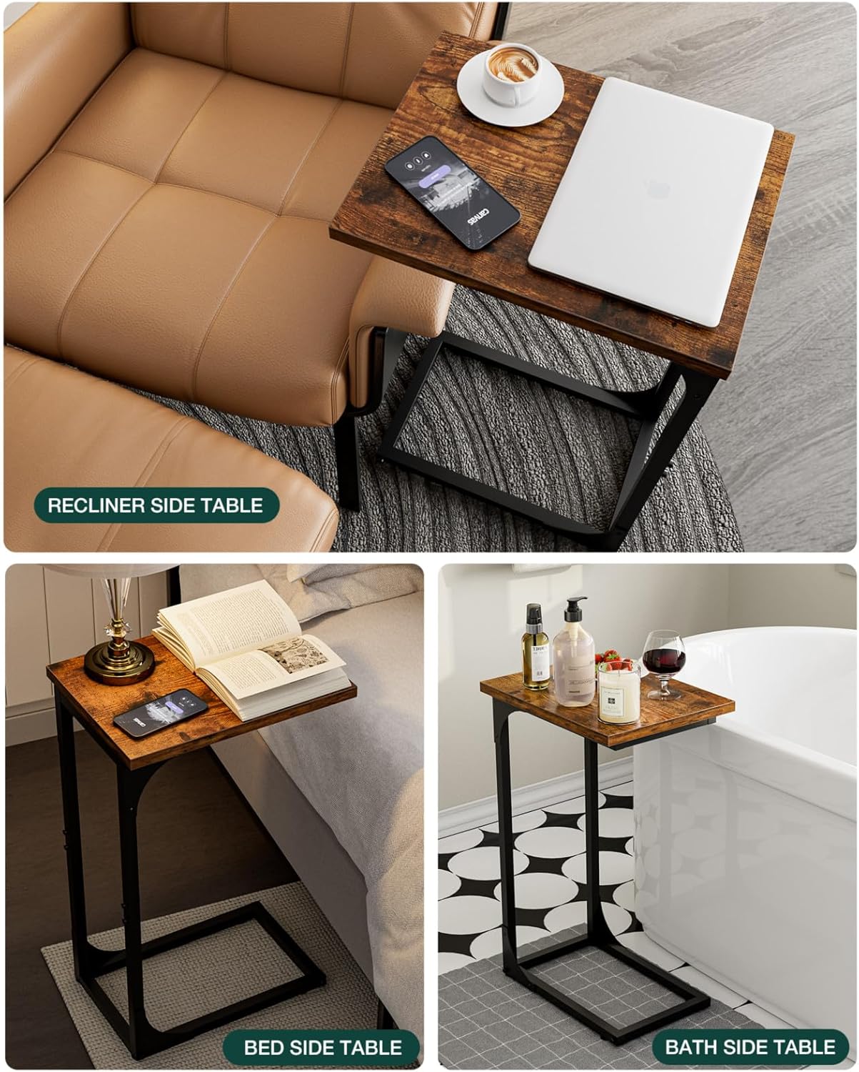 C-Shaped Side Table for Couch - Small Coffee Stand Sofa Tray Desk with Metal Frame and Waterproof Scratch Resistant. Modern End Accent for Living Room. Bedroom. Small Spaces. Rustic Brown