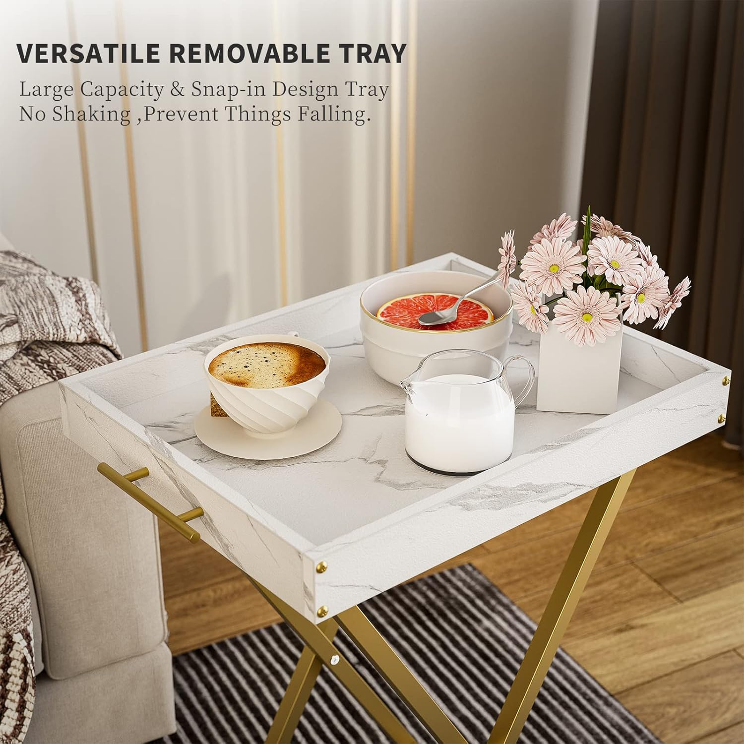 Folding TV Tray Tables. Set of 2 Side Table for Small Place. Snack Eating Tables at Couch. Folding Tables with Removable Serving Tray. Portable End Table Easy Assembly