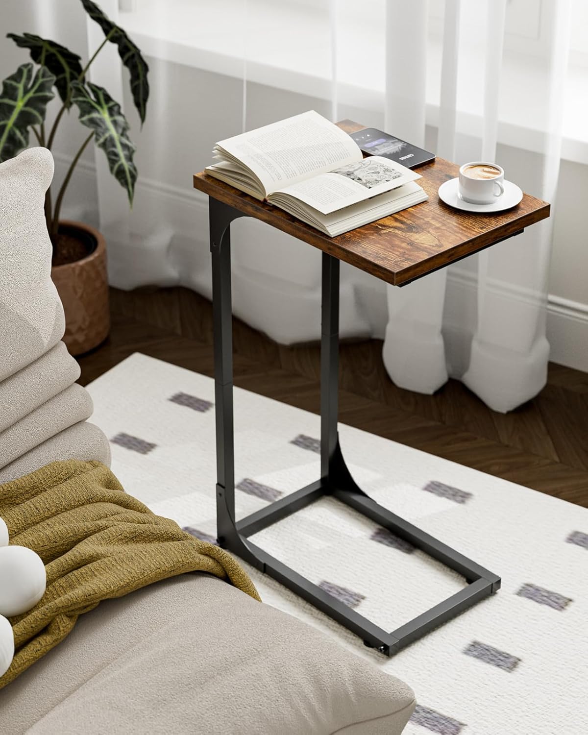 C-Shaped Side Table for Couch - Small Coffee Stand Sofa Tray Desk with Metal Frame and Waterproof Scratch Resistant. Modern End Accent for Living Room. Bedroom. Small Spaces. Rustic Brown