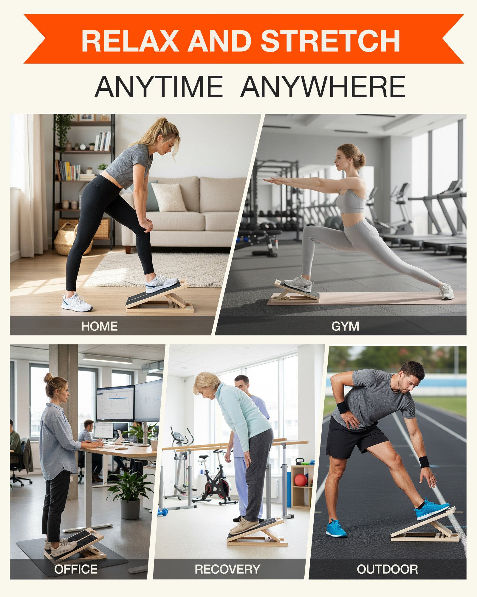  People performing deep squats and strength training on heavy duty wooden slant board for knee stability