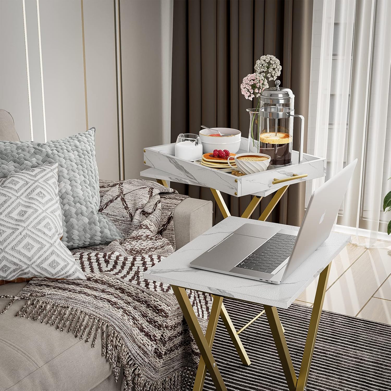 Folding TV Tray Tables. Set of 2 Side Table for Small Place. Snack Eating Tables at Couch. Folding Tables with Removable Serving Tray. Portable End Table Easy Assembly