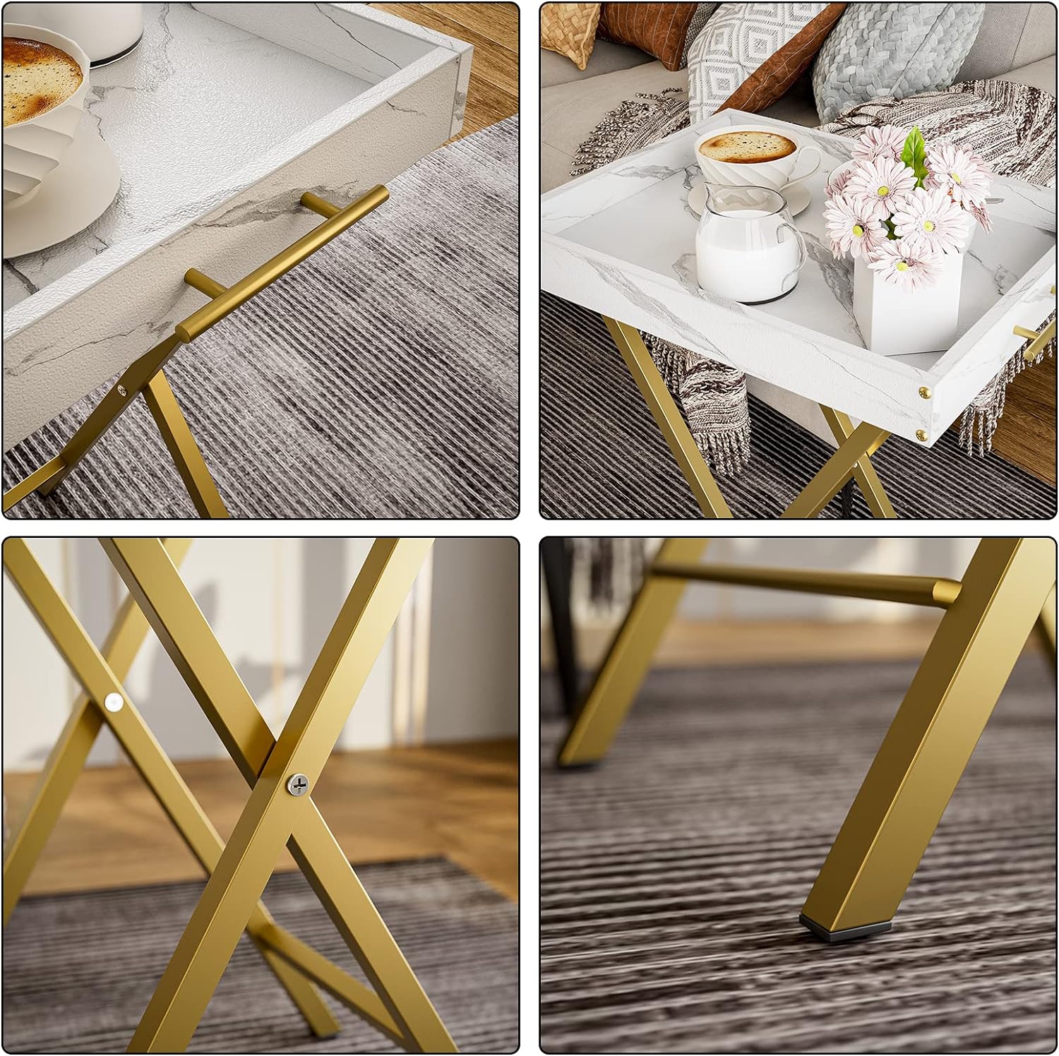 Folding TV Tray Tables. Set of 2 Side Table for Small Place. Snack Eating Tables at Couch. Folding Tables with Removable Serving Tray. Portable End Table Easy Assembly