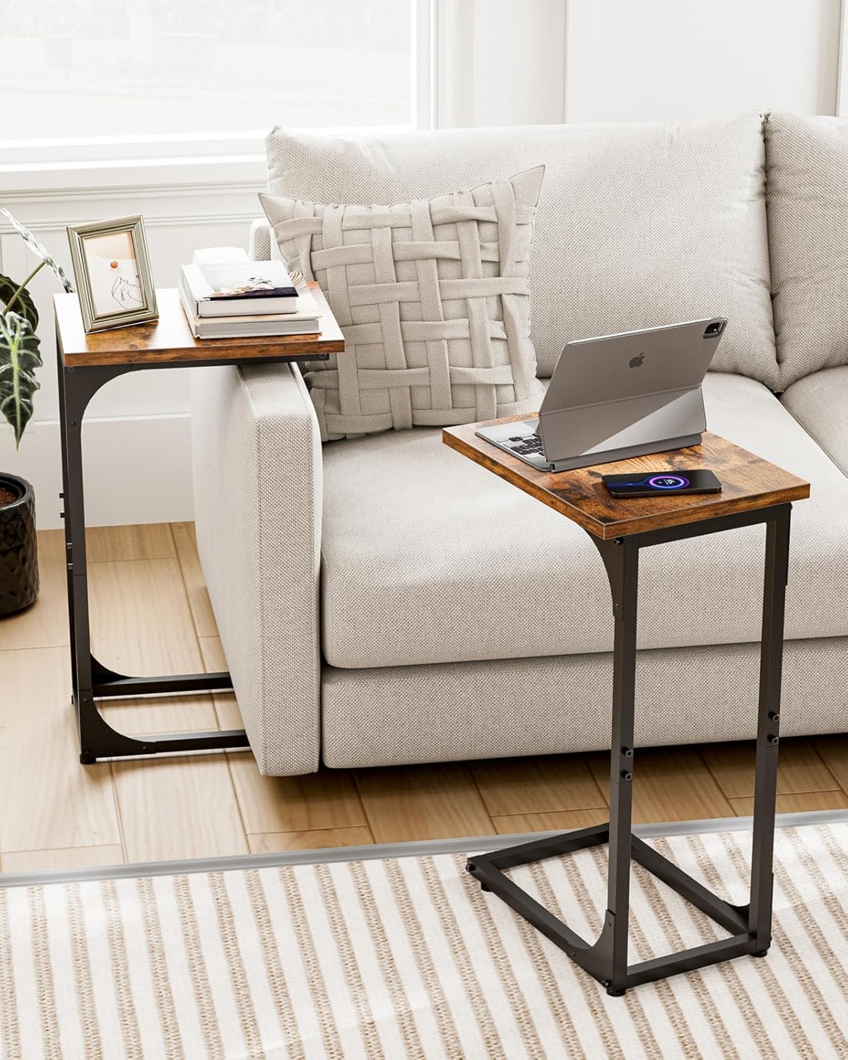 C-Shaped Side Table for Couch - Small Coffee Stand Sofa Tray Desk with Metal Frame and Waterproof Scratch Resistant. Modern End Accent for Living Room. Bedroom. Small Spaces. Rustic Brown