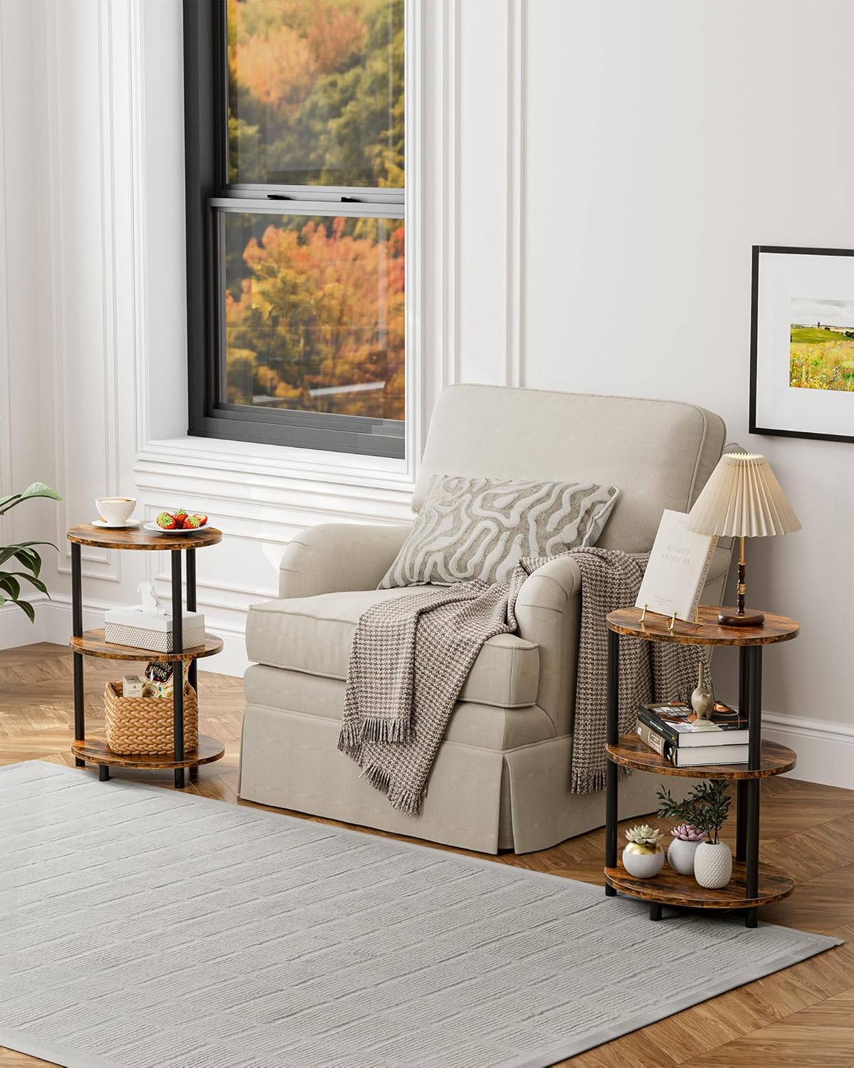 Small Round Side Table - 3-Tier Oval Accent Table for Small Spaces. Rustic Wood and Metal Couch End Table. Nightstand for Bedroom or End Table Living Room. Easy to Assemble. Rustic Brown