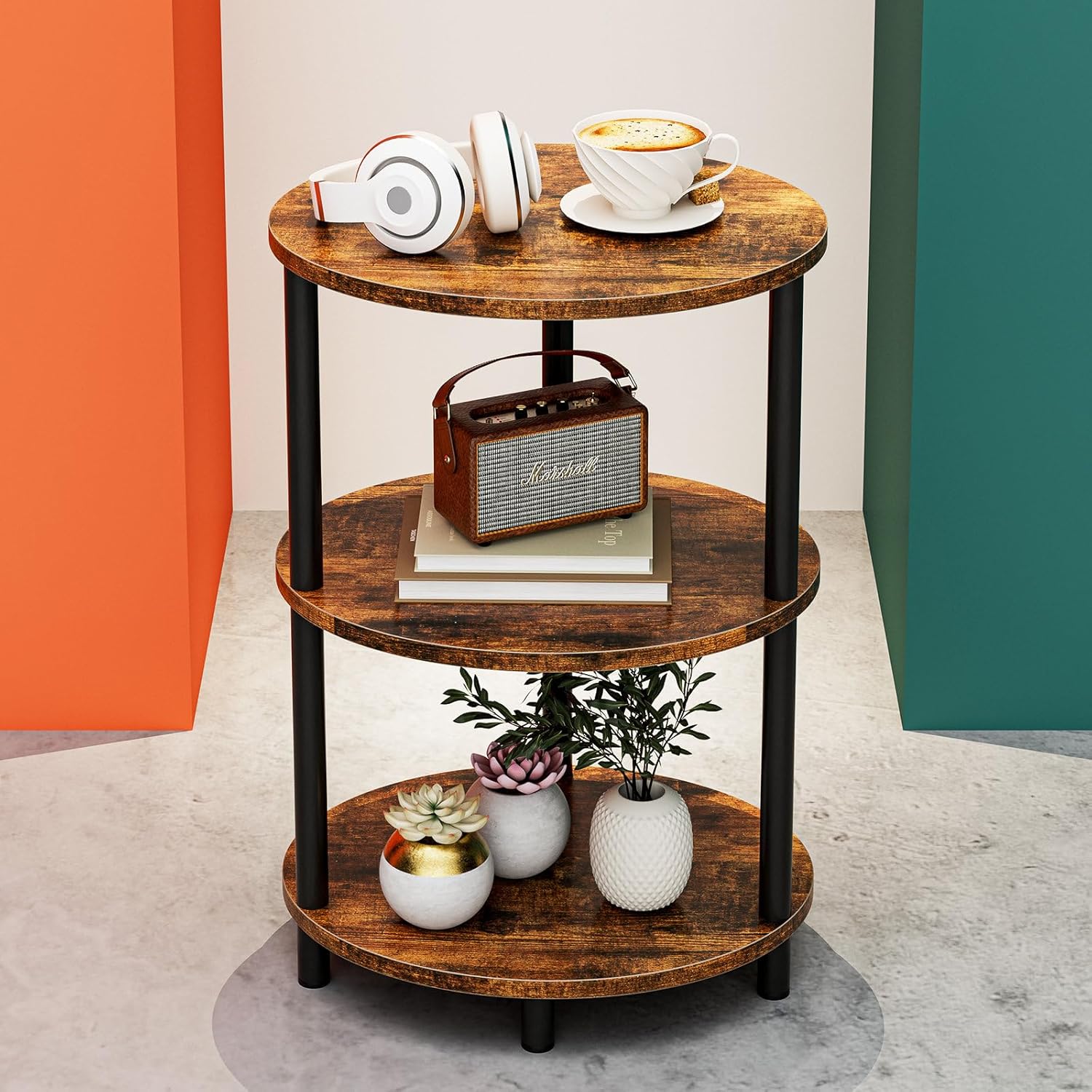 Small Round Side Table - 3-Tier Oval Accent Table for Small Spaces. Rustic Wood and Metal Couch End Table. Nightstand for Bedroom or End Table Living Room. Easy to Assemble. Rustic Brown