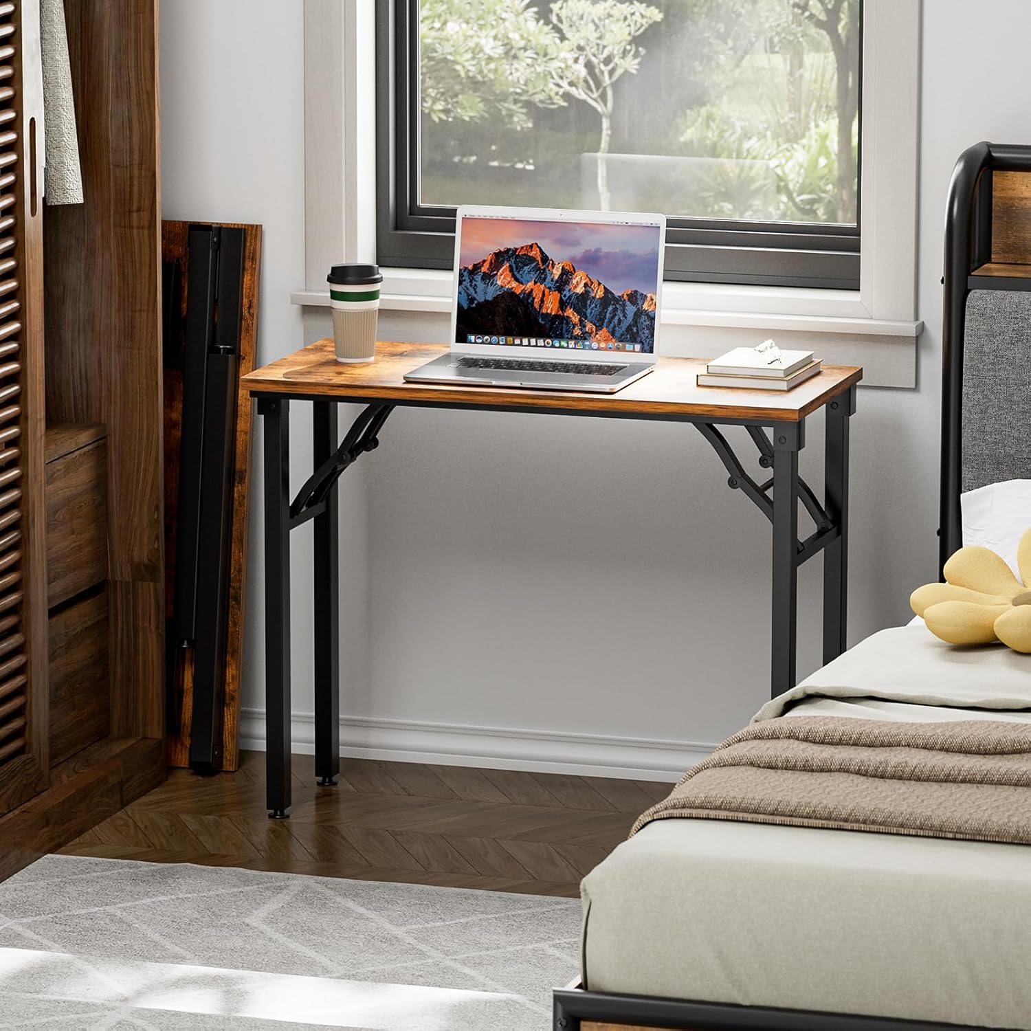 TEMI Small Computer Desk Folding Table - 35.8 Foldable Office Desk. No Assembly. Perfect for Small Spaces in Bedroom. Dorm. or Apartment. Portable Mini Desk or Study Table with Compact Design. Brown