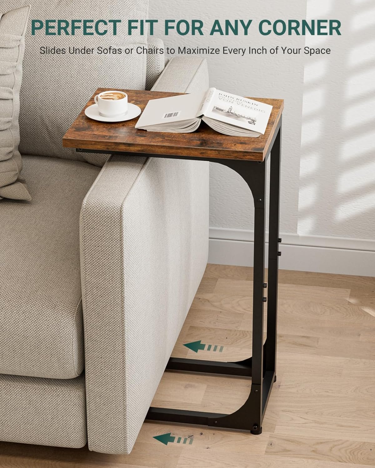 C-Shaped Side Table for Couch - Small Coffee Stand Sofa Tray Desk with Metal Frame and Waterproof Scratch Resistant. Modern End Accent for Living Room. Bedroom. Small Spaces. Rustic Brown