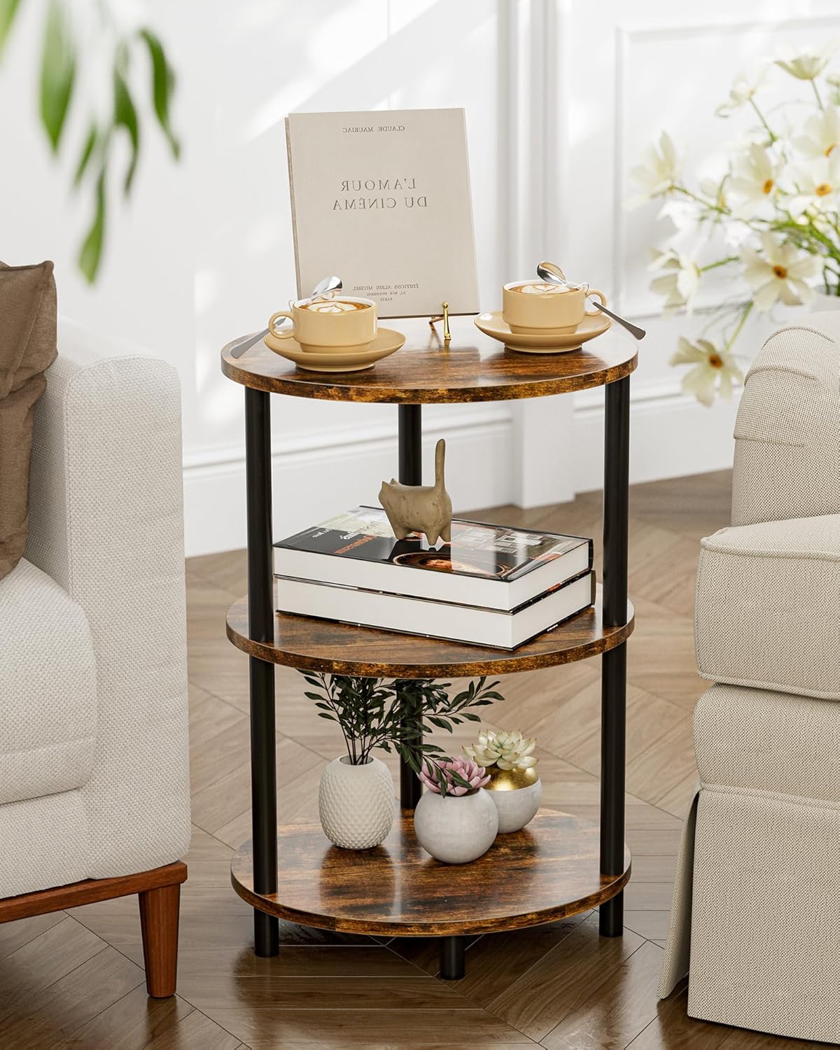 Small Round Side Table - 3-Tier Oval Accent Table for Small Spaces. Rustic Wood and Metal Couch End Table. Nightstand for Bedroom or End Table Living Room. Easy to Assemble. Rustic Brown