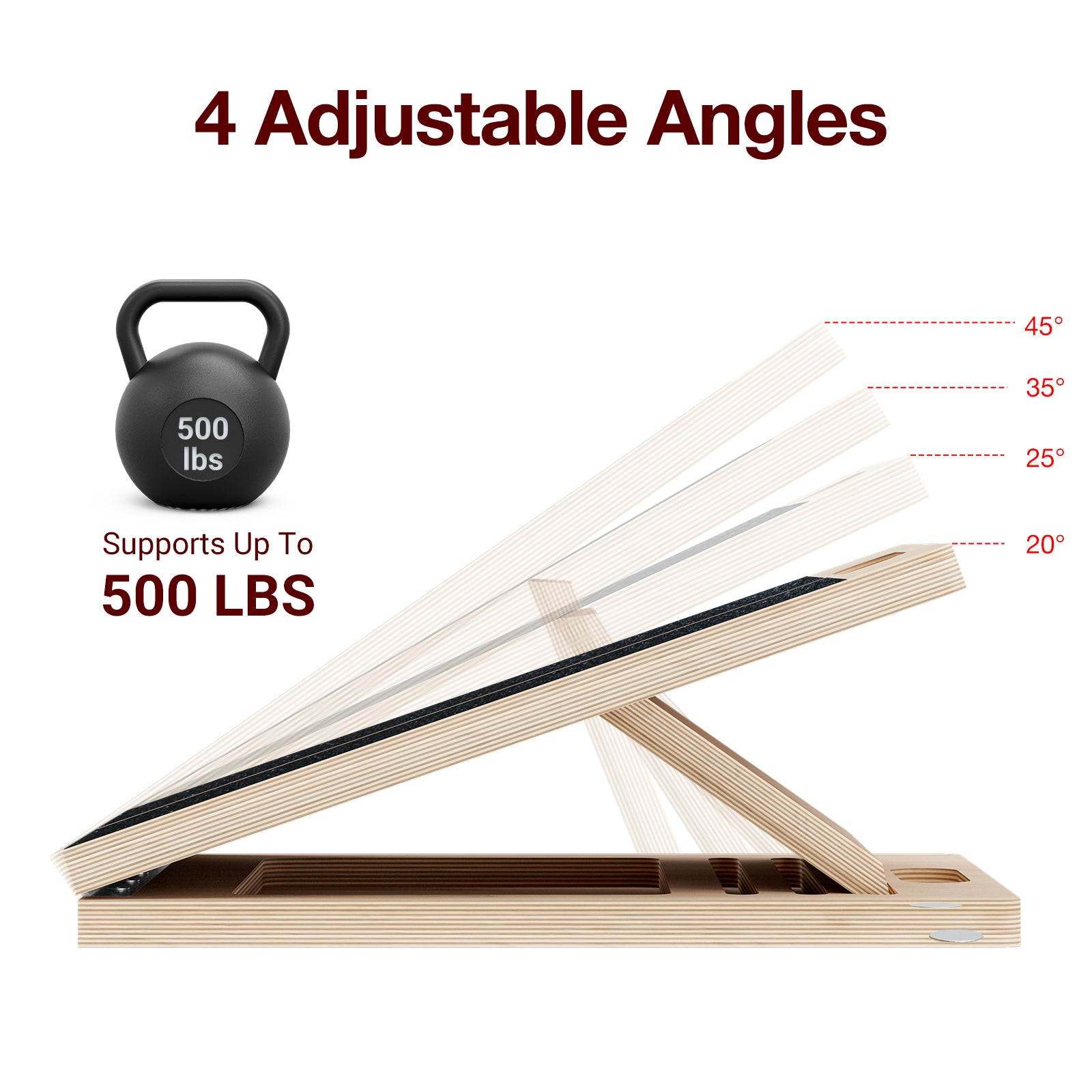 Heavy duty wooden slant board with 4 adjustable incline angles supporting 500lbs load