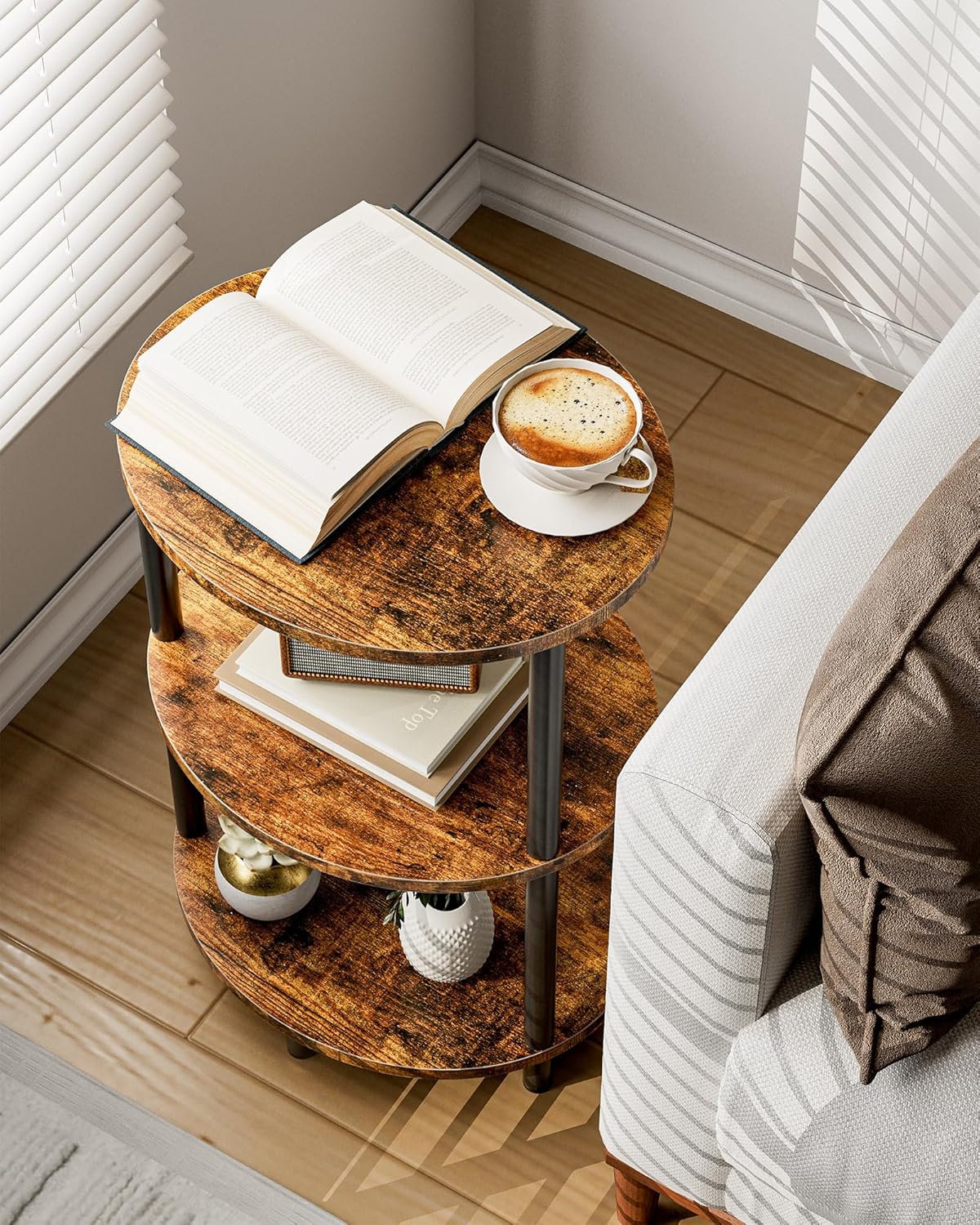 Small Round Side Table - 3-Tier Oval Accent Table for Small Spaces. Rustic Wood and Metal Couch End Table. Nightstand for Bedroom or End Table Living Room. Easy to Assemble. Rustic Brown