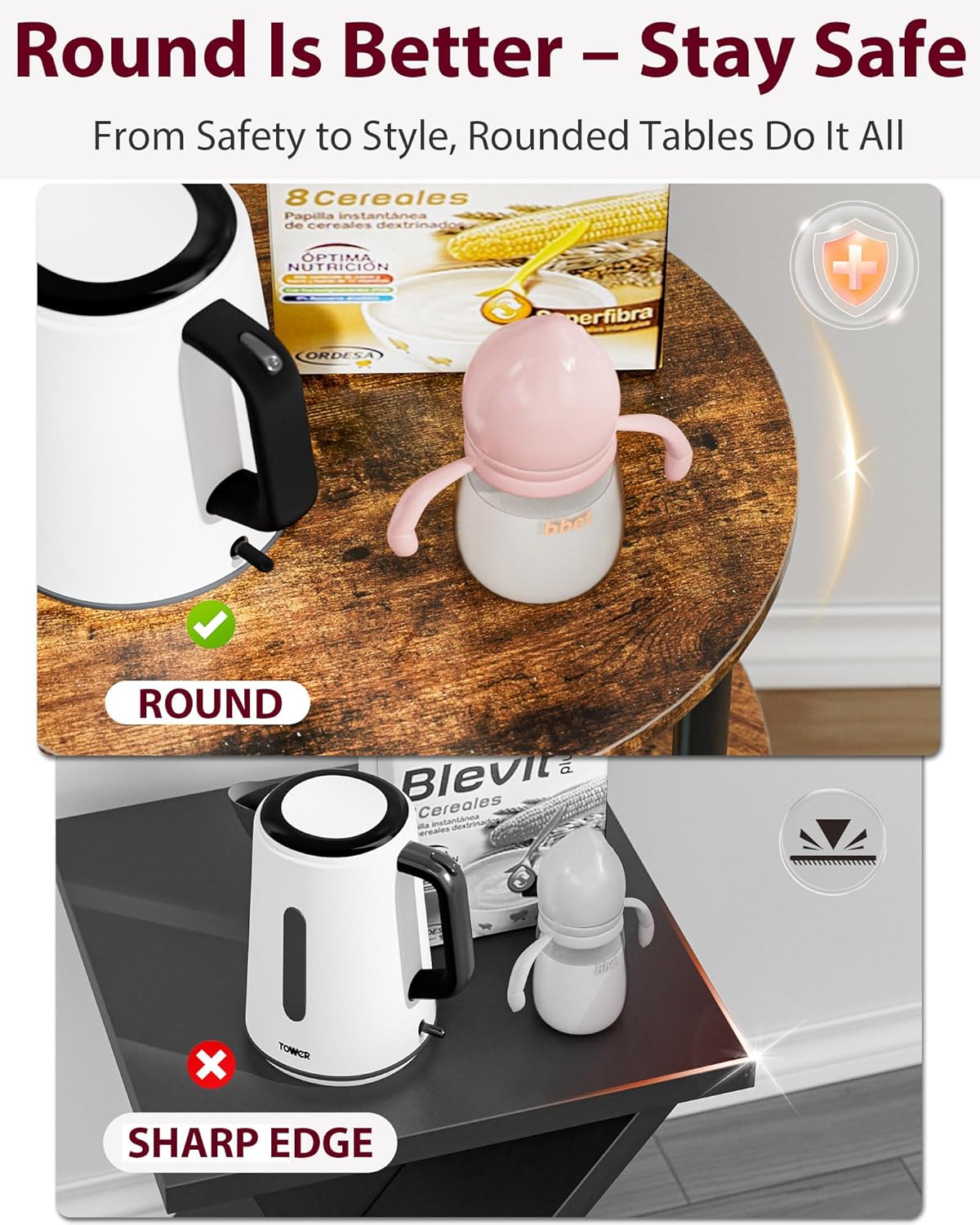 Safety comparison: Frylr round edge end table vs sharp corner table. Safer oval design for families with kids.
