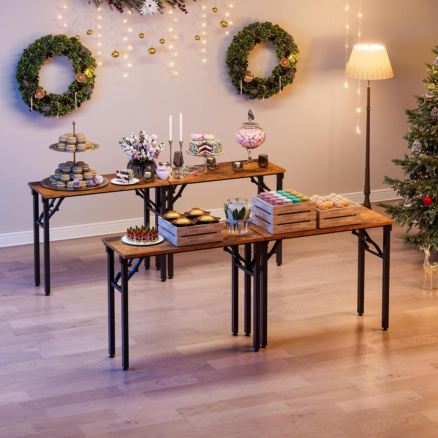 Small folding table versatility showing bedroom computer desk use and holiday party buffet display.