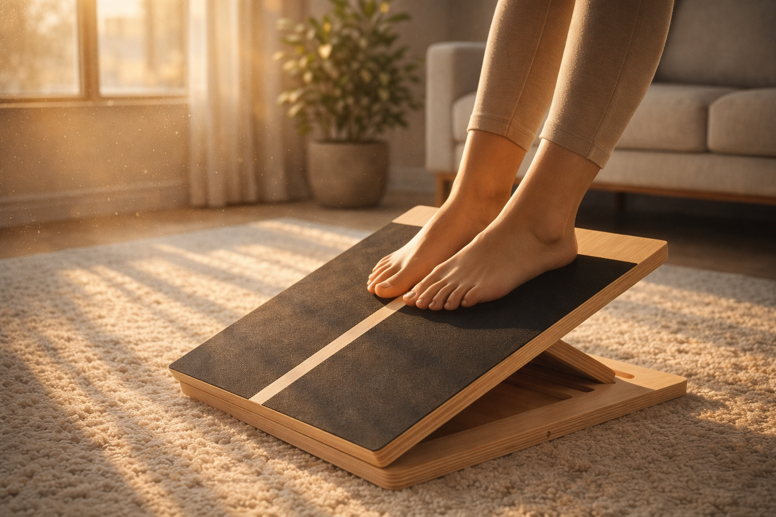 Woman stretching bare feet on wooden slant board in living room