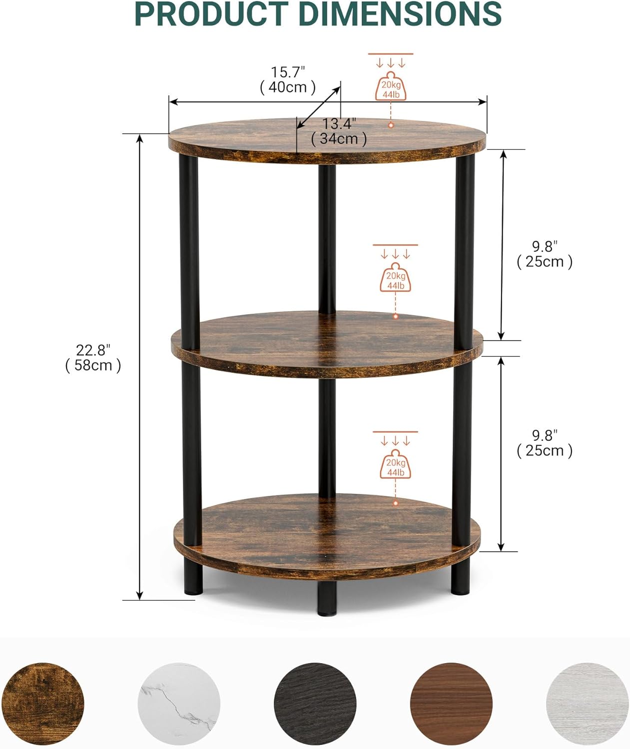 Product dimensions of Frylr small oval side table: 22.8 inches tall, supports 44lbs per shelf.